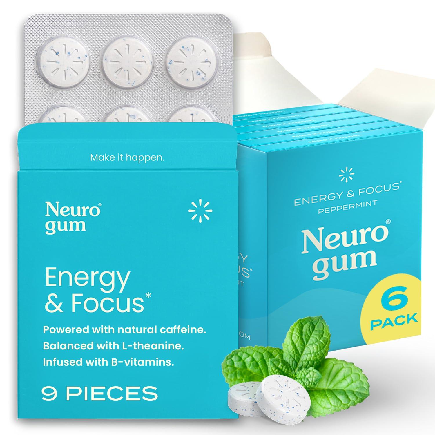 NeuroGum NeuroGum Energy Caffeine Gum (54 Pieces) - Sugar Free with L-theanine + Caffeine + Vitamin B12 & B6 - Nootropic Energy & Focus Supplement for Women & Men - Peppermint Flavor (Packaging May Vary)
