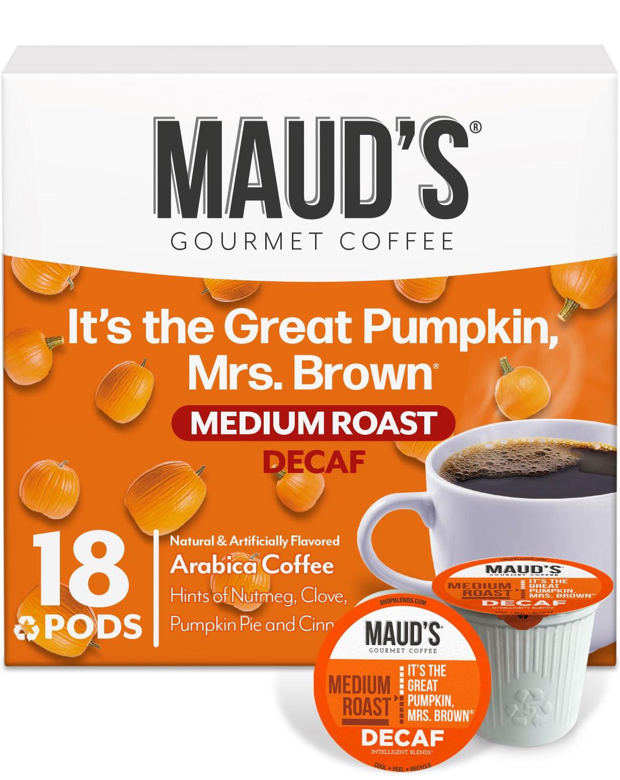 MAUD\'S Maud\'s Decaf Pumpkin Spice Flavored Coffee Pods, 18 ct - Decaffeinated Great Pumpkin Mrs. Brown - 100% Arabica Medium Roast, Solar Energy Produced Recyclable Pods Compatible with Keurig K-Cup Brewers