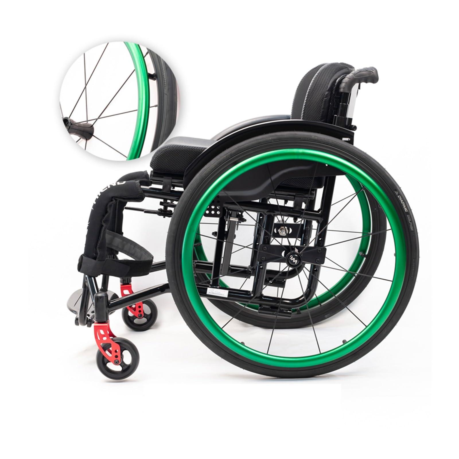 Atduglanix Folding Sports Portable Wheelchairs Aluminum Alloy Wheelchair Manual Wheelchair Handbrakes and Quick Release Rear Wheels & Anti-Tip Wheelsv(Green,Seat width 38cm/14.69in)