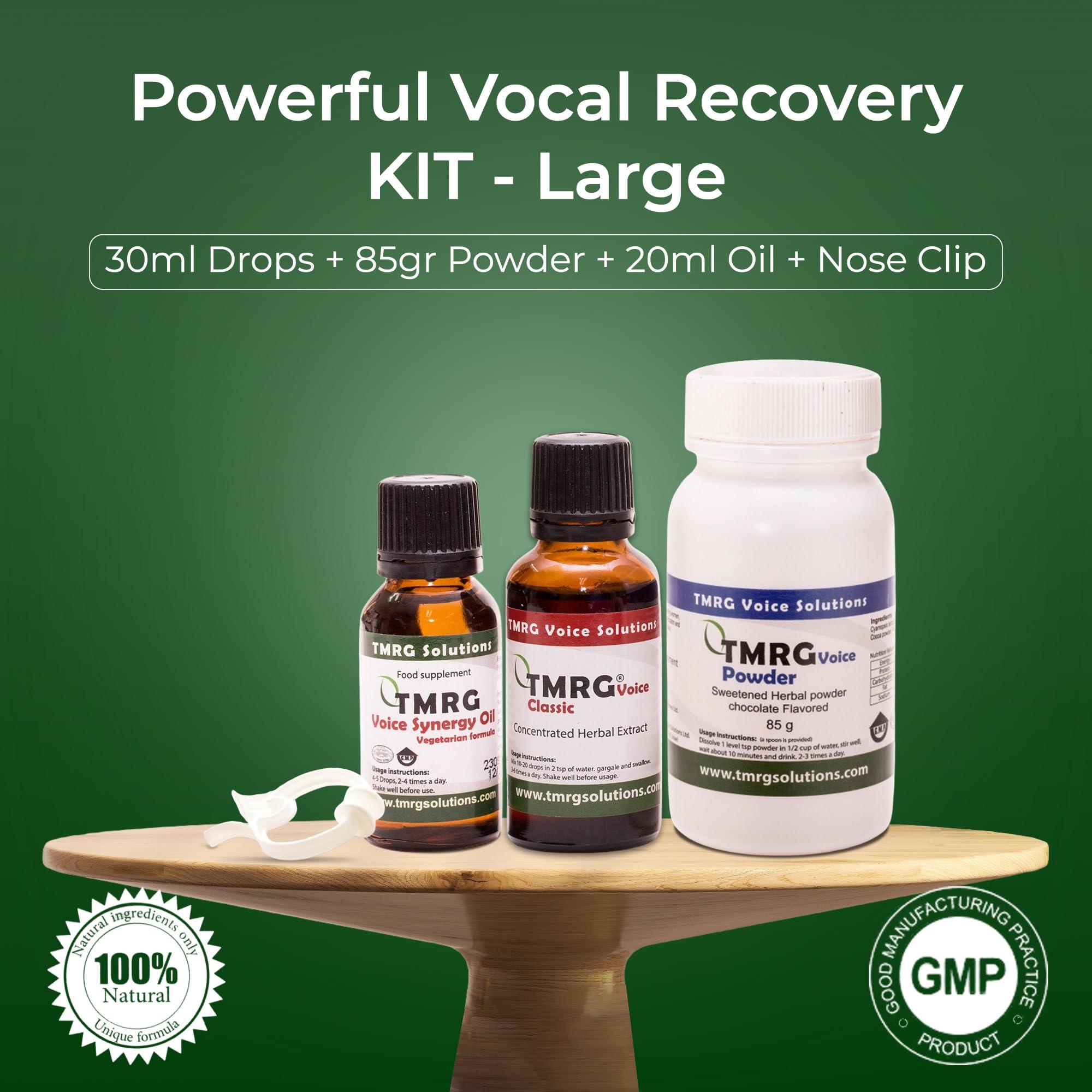 TMRG TMRG Powerful Vocal Recovery Kit - Large: Professional Herbal Remedy Featuring 30ml Voice Drops, 85g Voice Powder, 20ml Synergy Oil, and a ClipUltimate Care for Vocal Strength and Recovery.
