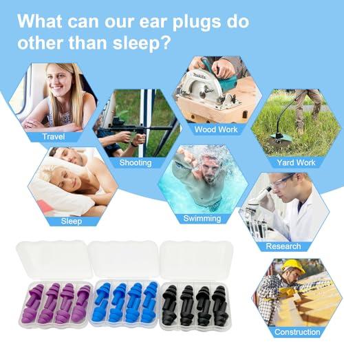 AXBUS Ear Plugs for Sleeping,12 Pair Earplugs Noise Canceling Soft Silicone Ear Plug Reusable Earplugs for Sleep,Concert,Swimming,Study,Loud Noise,Snoring(Black Blue Purple)