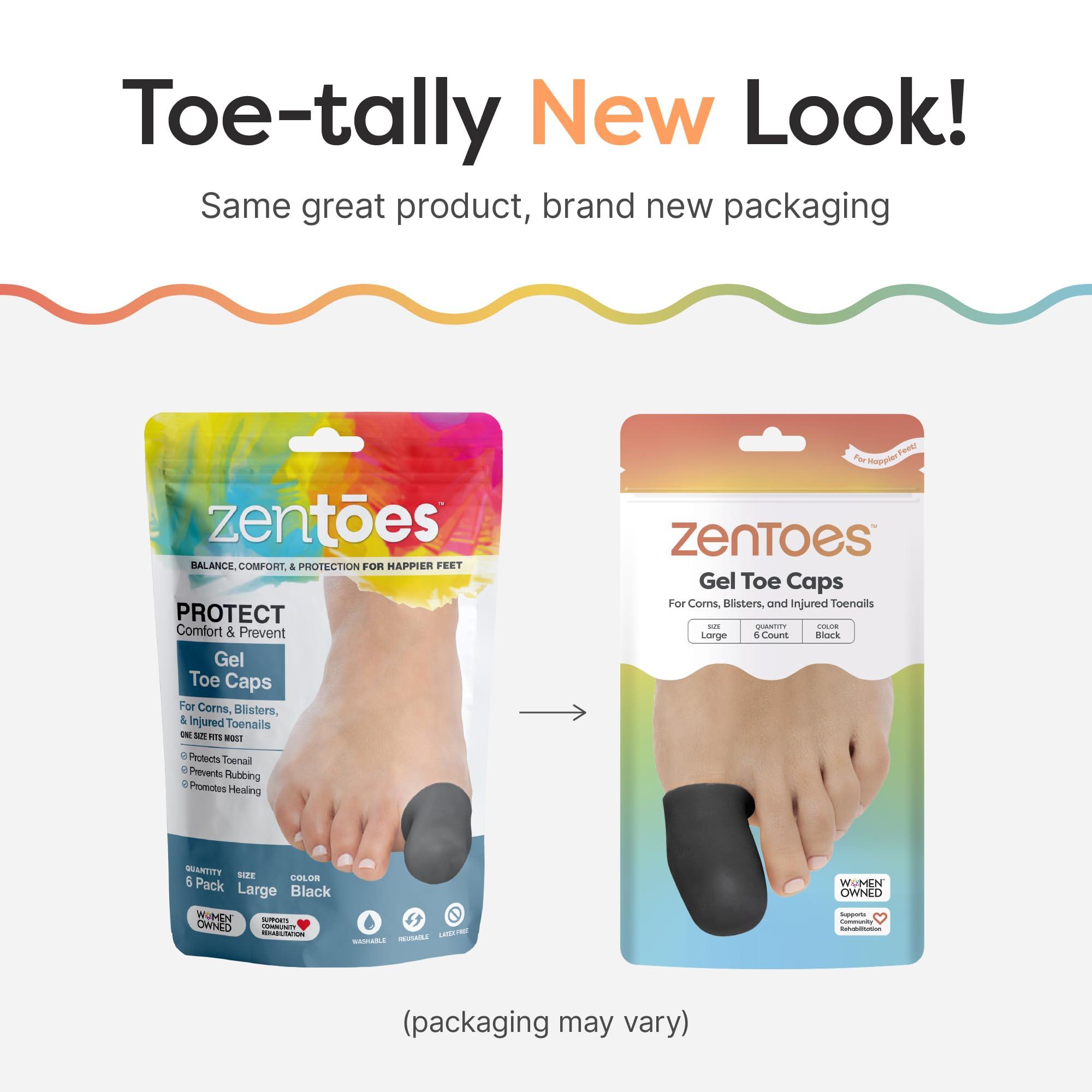 ZenToes ZenToes 6 Pack Gel Toe Cap and Protector - Cushions and Protects to Provide Relief from Missing or Ingrown Toenails, Corns, Blisters, Hammer Toes (Large, Black)