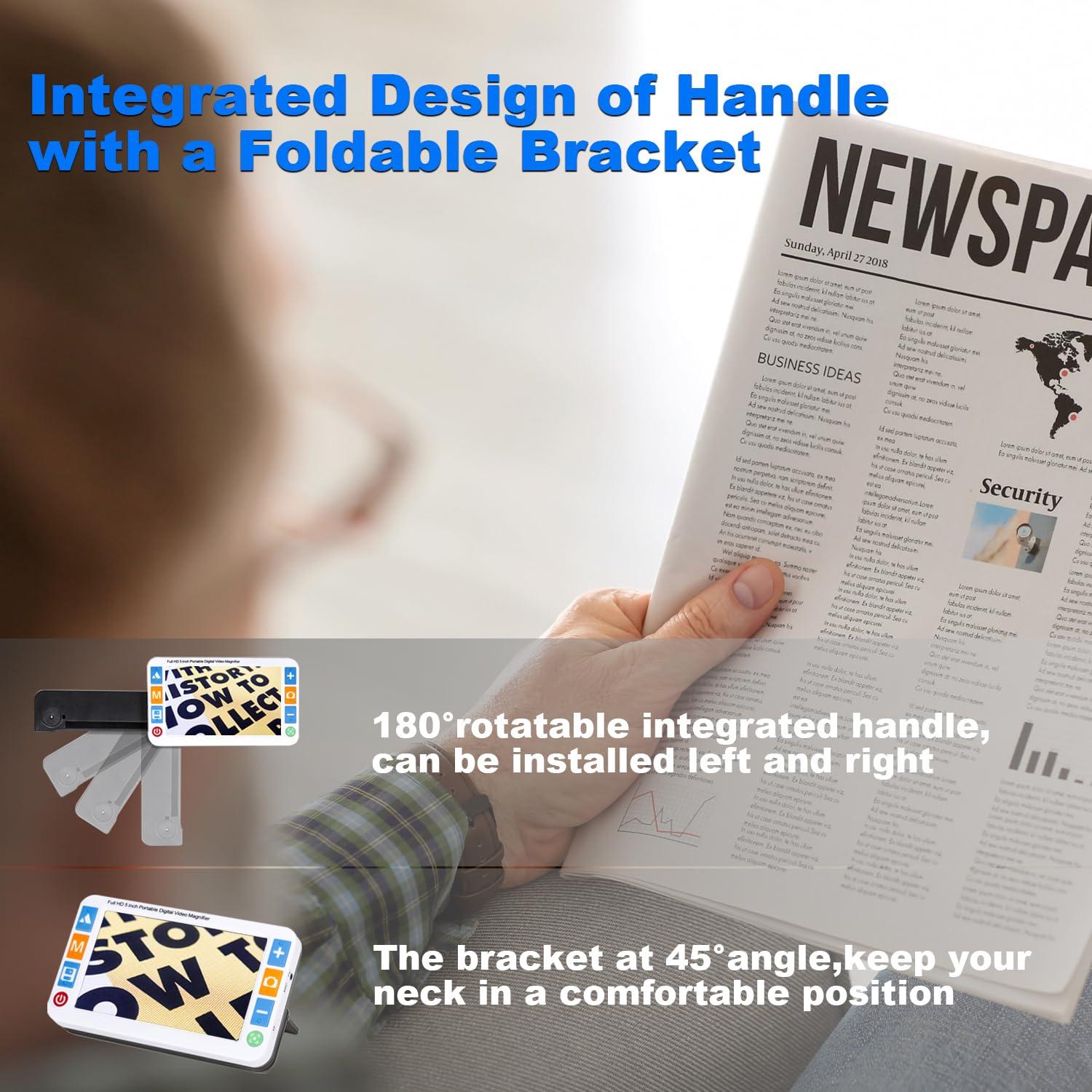 RayHong Portable Digital Video Magnifier Electronic Reading Aid 5.0 Inch with Foldable Handle for The Visually Impaired Macular Degeneration Low Vision, 2X-32X Times Zoom 26 Color Modes