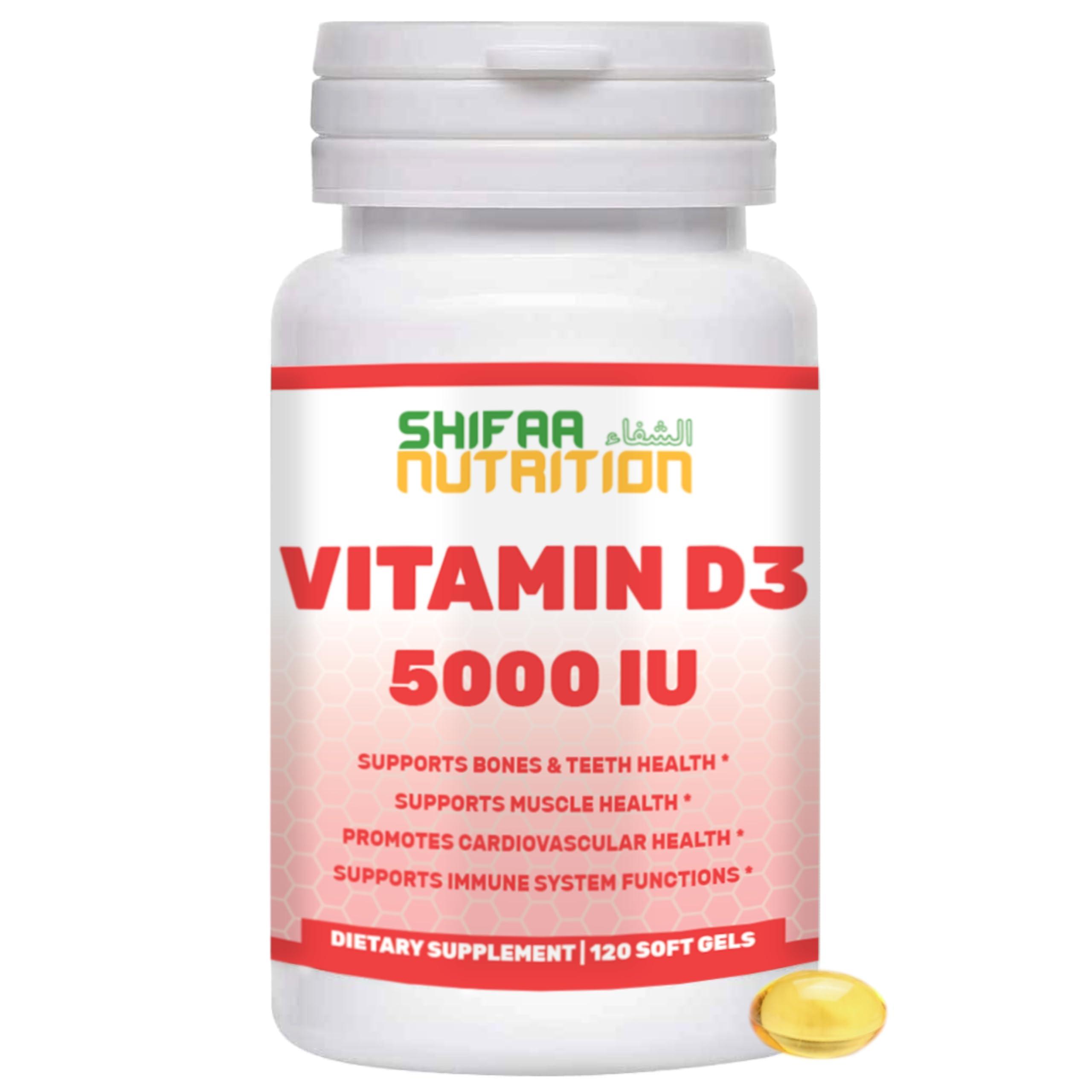 SHIFAA NUTRITION SHIFAA NUTRITION Halal Vitamin D, Halal Vitamin D3, 5000 IU Softgels, 120 Servings. Non-GMO, Gluten-Free, Supports: Structure, Bones, Teeth, Heart, Muscle & Immune Functions