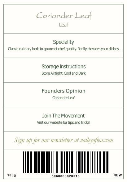 Valley of Tea Coriander Leaves Dried Organic Quality - Dried Cilantro Leaf 100g