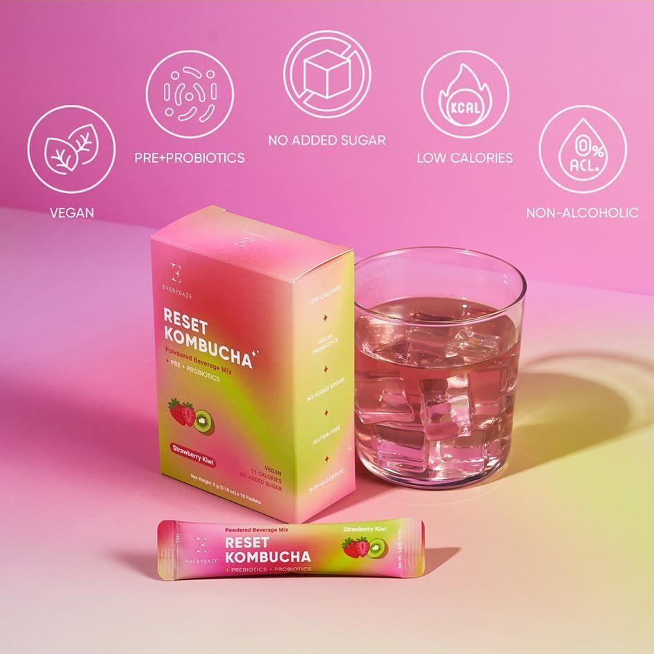 E EVERYDAZE Everydaze Reset Kombucha Tea Powdered Beverage Mix | 10 Sticks | Prebiotics + Probiotics | Vegan | No Added Sugar, Gluten Free, Sparkling Powder Drink Pack (Strawberry Kiwi)