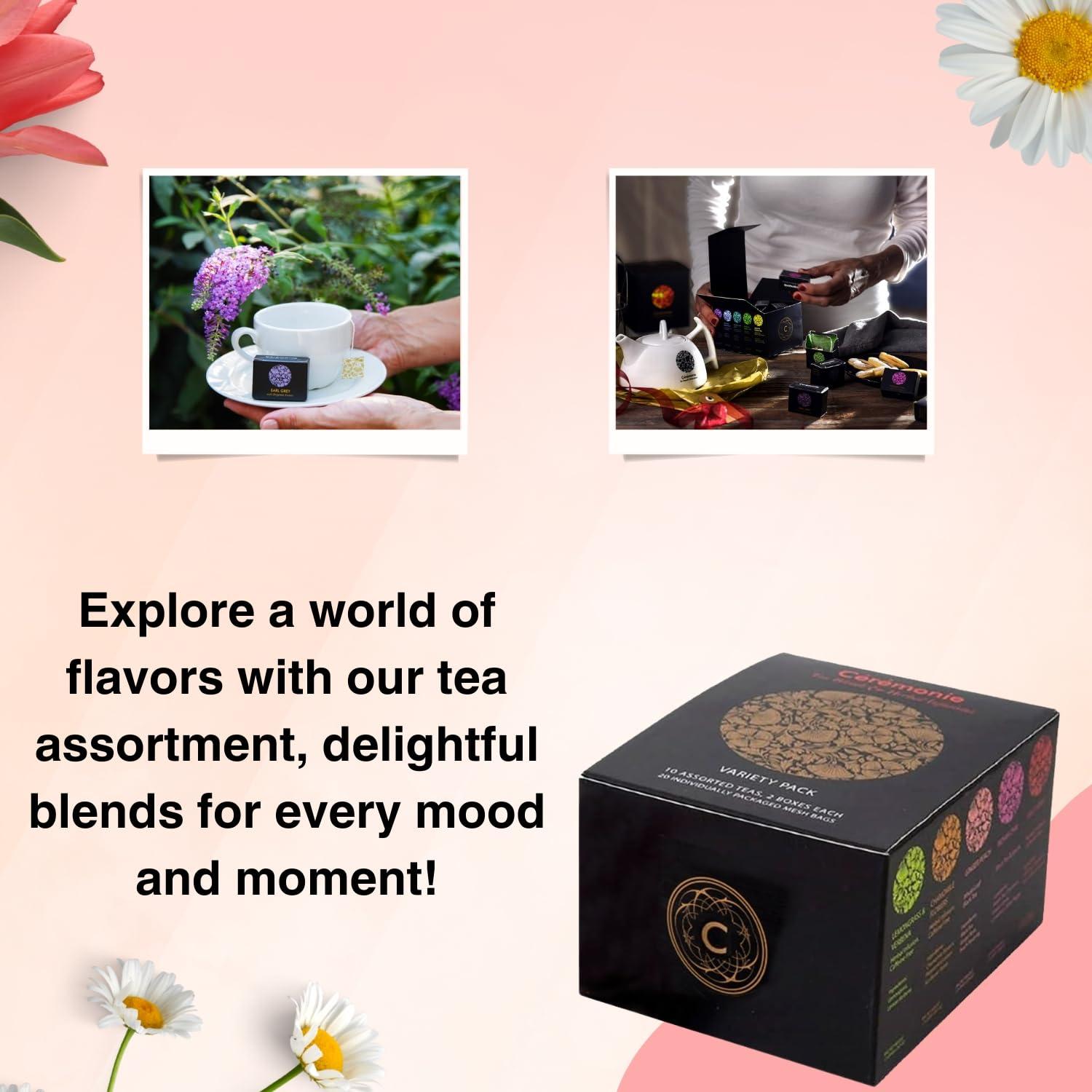 CÉRÉMONIE TEA BLENDS & HERBAL INFUSIONS Ceremonie Tea Gourmet Variety Sampler Pack - A Collection of 10 Assorted Single Serve Flavors - 20 Petite Mini Cubes with 2 Cubes of each Flavor - Ideal Gift for Tea Lovers