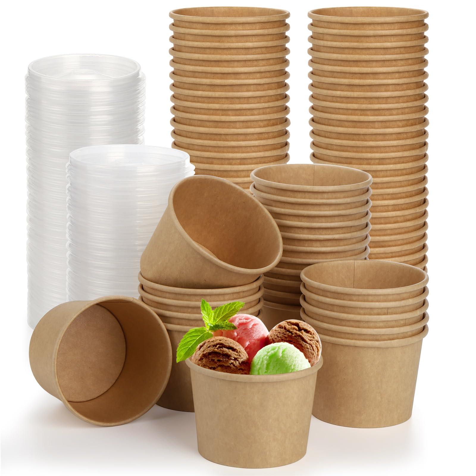 Lyellfe Lyellfe 100 Pack Disposable Paper Bowls with Lids, 8 Oz Heavy Duty Kraft Paper Bowl, To Go Soup Container Dessert Cups for Ice Cream, Yogurt, Cold and Hot