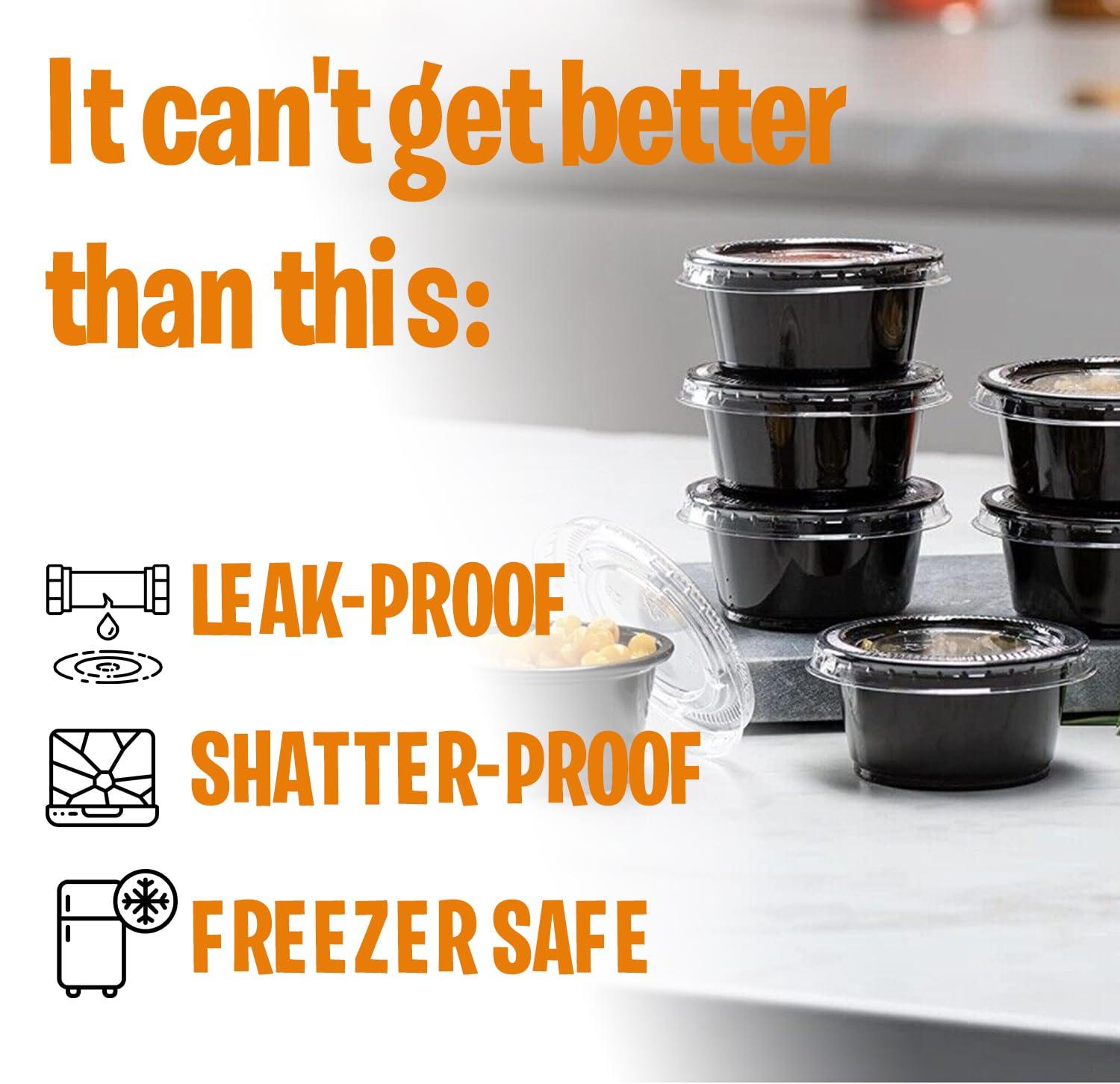 Fonteme Fonteme Black Plastic Portion Cups With Lids - (50 Sets - 2 Oz) | BPA-Free Disposable Plastic Condiment Containers | Dressing Containers for Meal Prep, Portion Control, Salad Dressing & Jello Shots