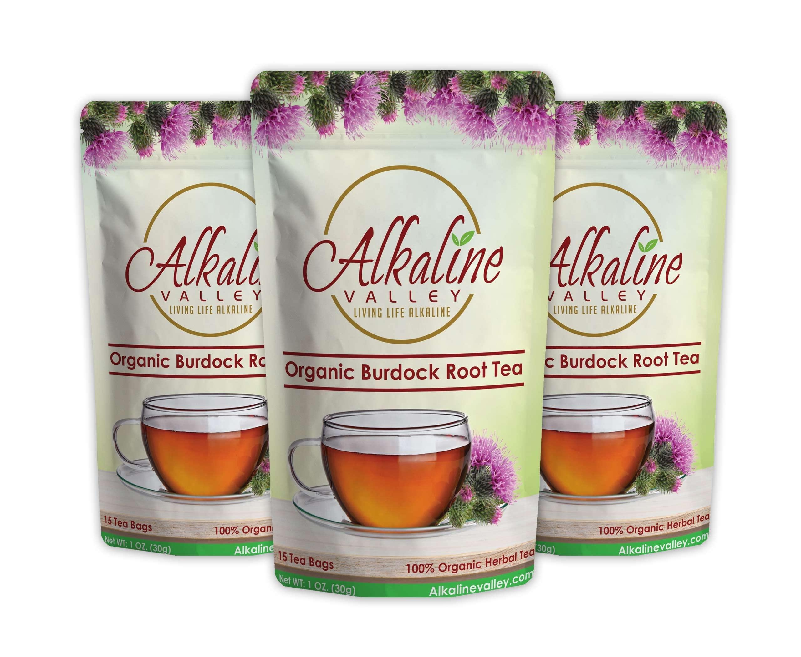 Alkaline Valley Burdock Root Tea Organic - 100% Alkaline - 45 Unbleached/Chemical-Free Burdock Root Tea Bags - Pack of 3 - Caffeine-Free, No GMO