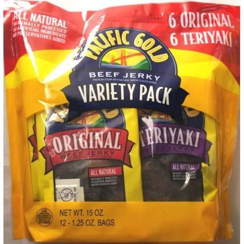 Pacific Gold COS-SL 12 Variety Pack Pacific Gold Beef Jerky Premium Streak All Natural of 1.25 Bag