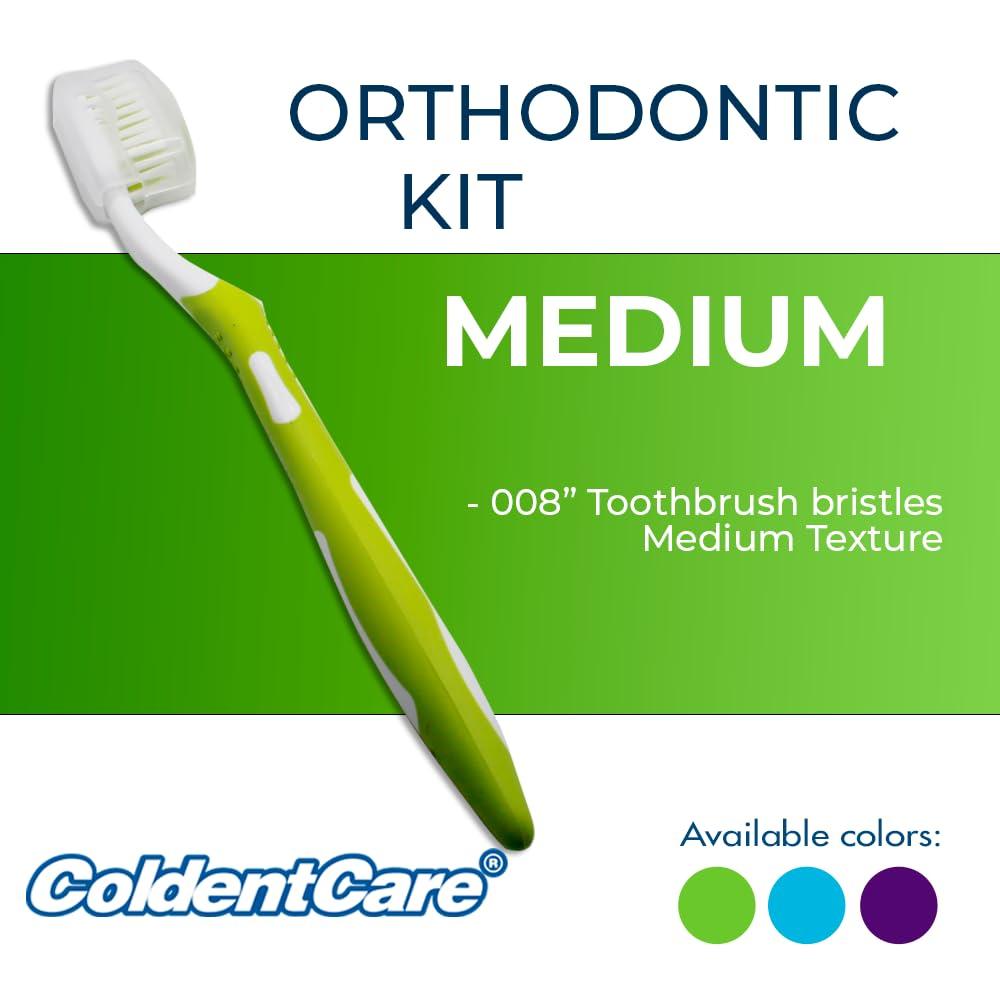 ColdentCare Braces Cleaning Kit for Teeth, Portable Orthodontic Toothbrush Kit Oral Care Dental Travel - 2 Interdental Brush, 5 Bars of Wax, 1 Dental Floss 12m, 13 Dental Floss Threader Multipurpose case (Green)