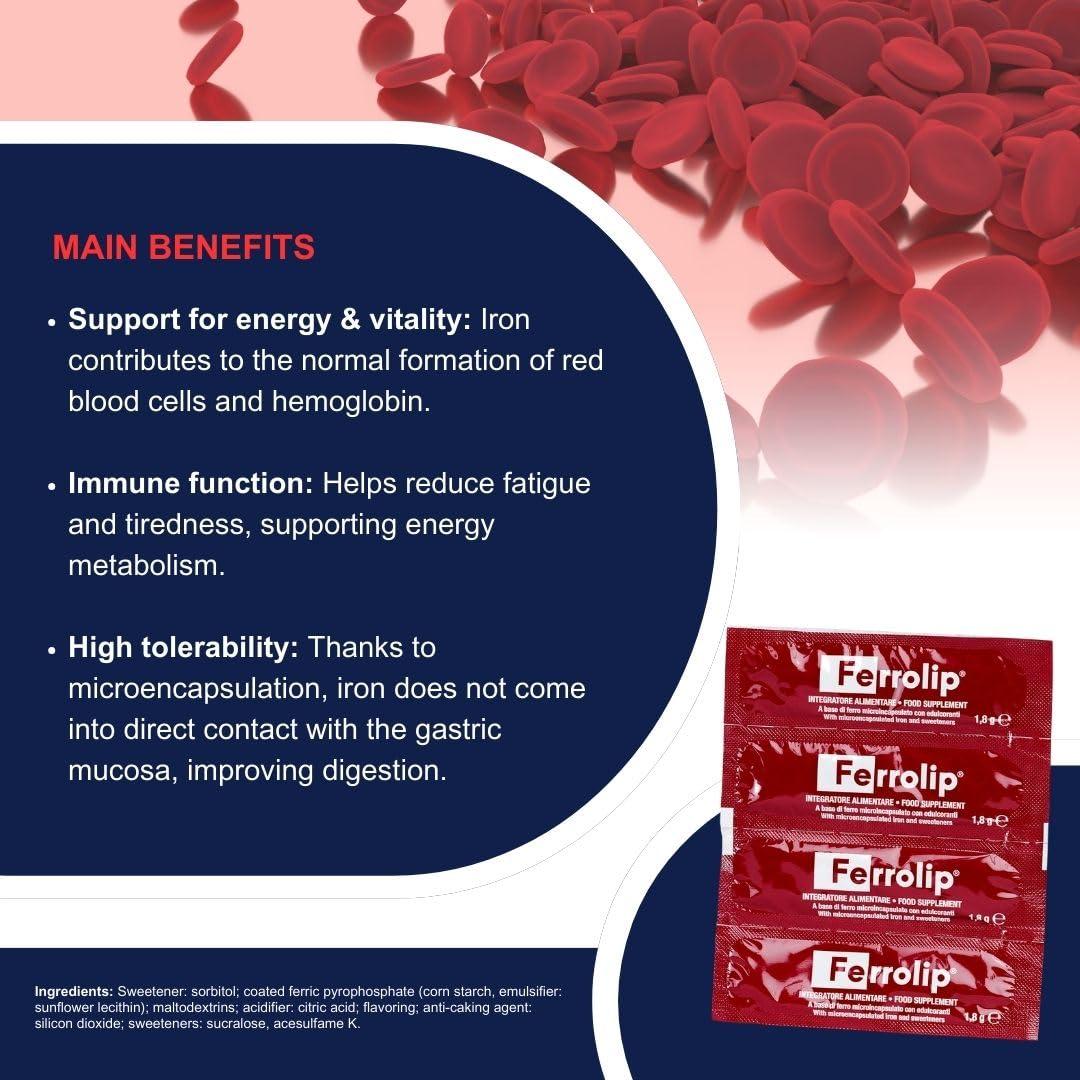 omegor Ferrolip - Iron Supplement to Dissolve in The Mouth Without Water (20 Single-Dose Sachets x 1.8 g) Lemon Flavor Without Gastrointestinal Side Effects and Free of Metallic Taste Vegan