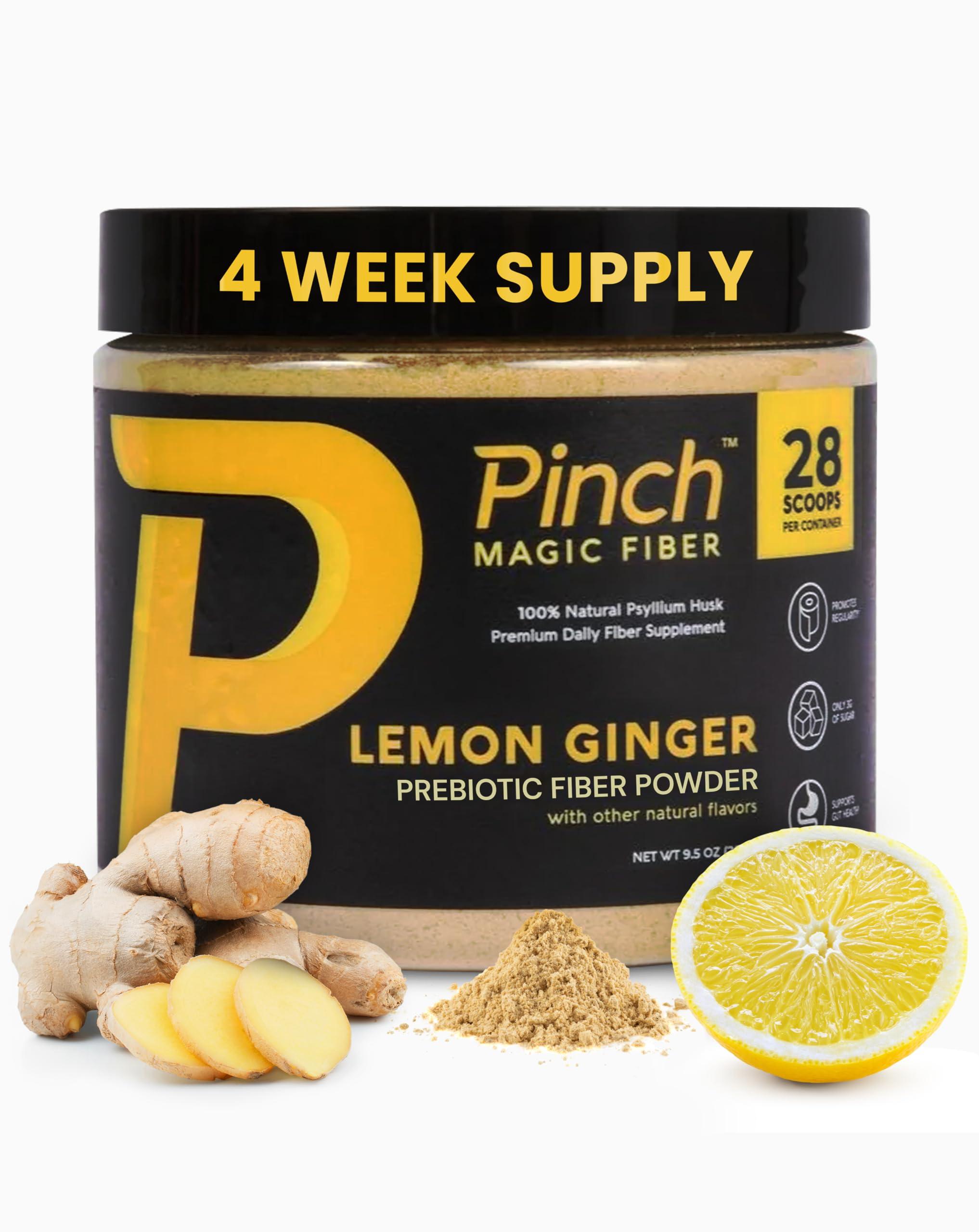 Pinch Pinch Magic Fiber Supplement Powder | Lemon Ginger Flavored Psyllium Husk Powder for Digestive Health & Gut Support | Low Sugar Supplement for Keto & Vegan Diets | USA-Made | 28-Day Supply