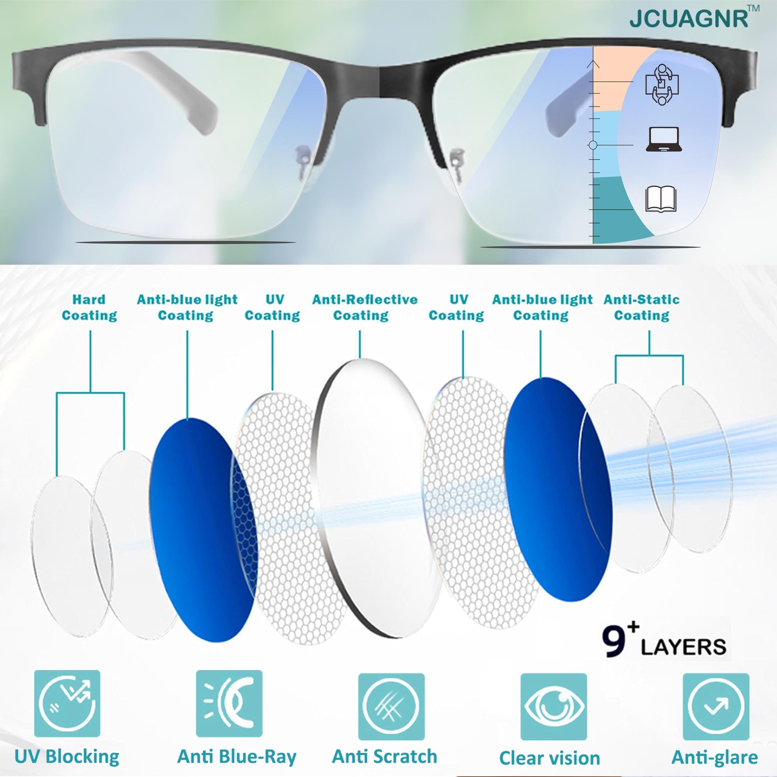 JCUANGR Bifocal Reading Glasses for Men, No Line Bifocals Progressive MultiFocus Readers, Wide Clear Top Transition Non Prescription Multifocal Eyeglasses,Large Anti Blue Light Multi focals Half Frame +1.0