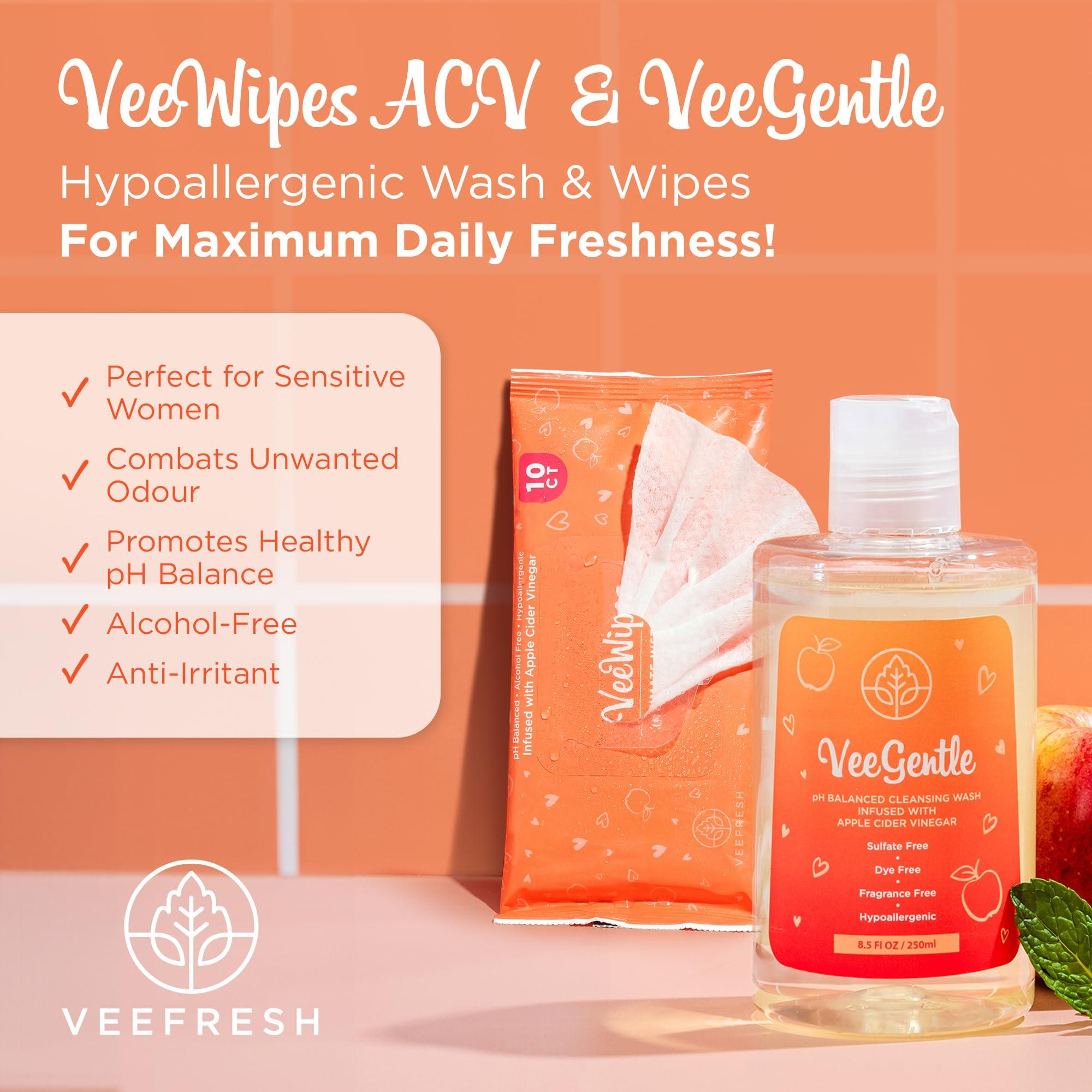 VeeFresh VeeFresh VeeDaily - VeeGentle Intimate Wash & VeeWipes ACV Sensitive Vee Bundle - Apple Cider Vinegar Infused Female Wipes for Women & Natural Feminine Wash for Sensitive Vees!
