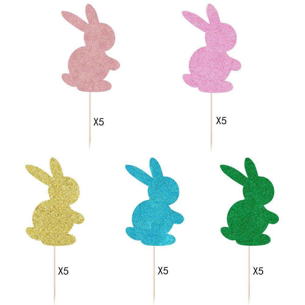 Sodasos Sodasos 25 Pack Easter Rabbit Cake Topper, Colour Happy Easter Bunny Happy Easter Cupcake Picks for Easter Spring Birthday Party Baby Shower Cake Decorations