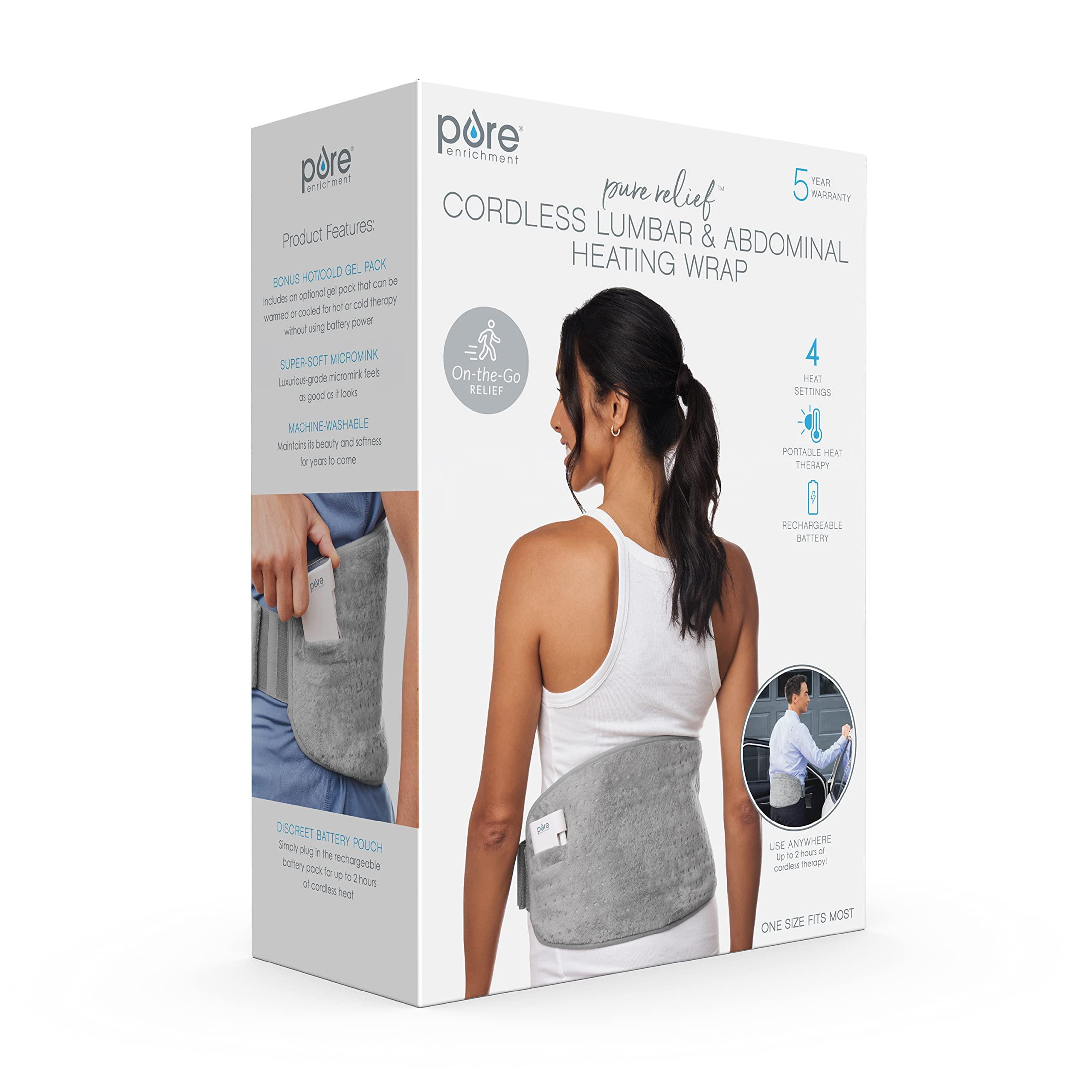 Pure Enrichment Pure Enrichment PureRelief Cordless Lumbar and Abdominal Heating Wrap - 4 Heat Settings, 2-Hour Portable Use, Optional Hot/Cold Gel Pack, Super-Soft Micromink, and Universal Fit Strap