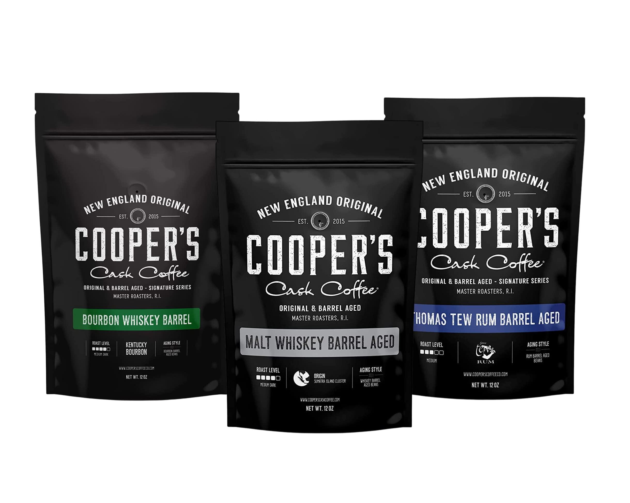 Cooper's Cask Coffee Single-Malt Whiskey Barrel Aged Coffee, Rum Barrel Aged Coffee, and Bourbon Whiskey Barrel Aged Coffee, Whole Coffee Beans, 12oz, Cooper's Cask Coffee