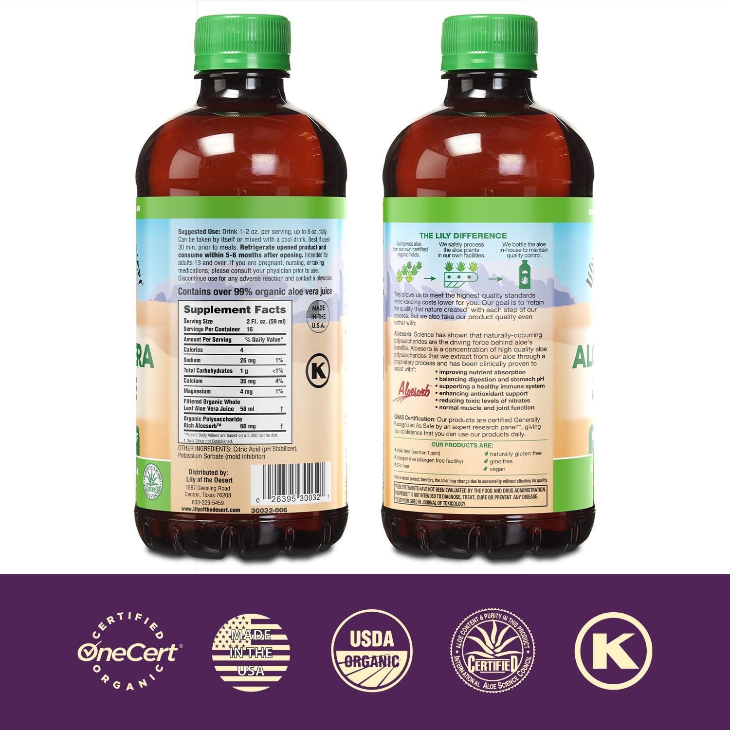 Lily Of The Desert Lily of the Desert Aloe Vera Juice - Whole Leaf Filtered Aloe Vera Drink, Non-GMO Aloe Juice with Natural Digestive Enzymes for Gut Health, Stomach Relief, Wellness, Glowing Skin, 32 Fl Oz (Pack of 2)