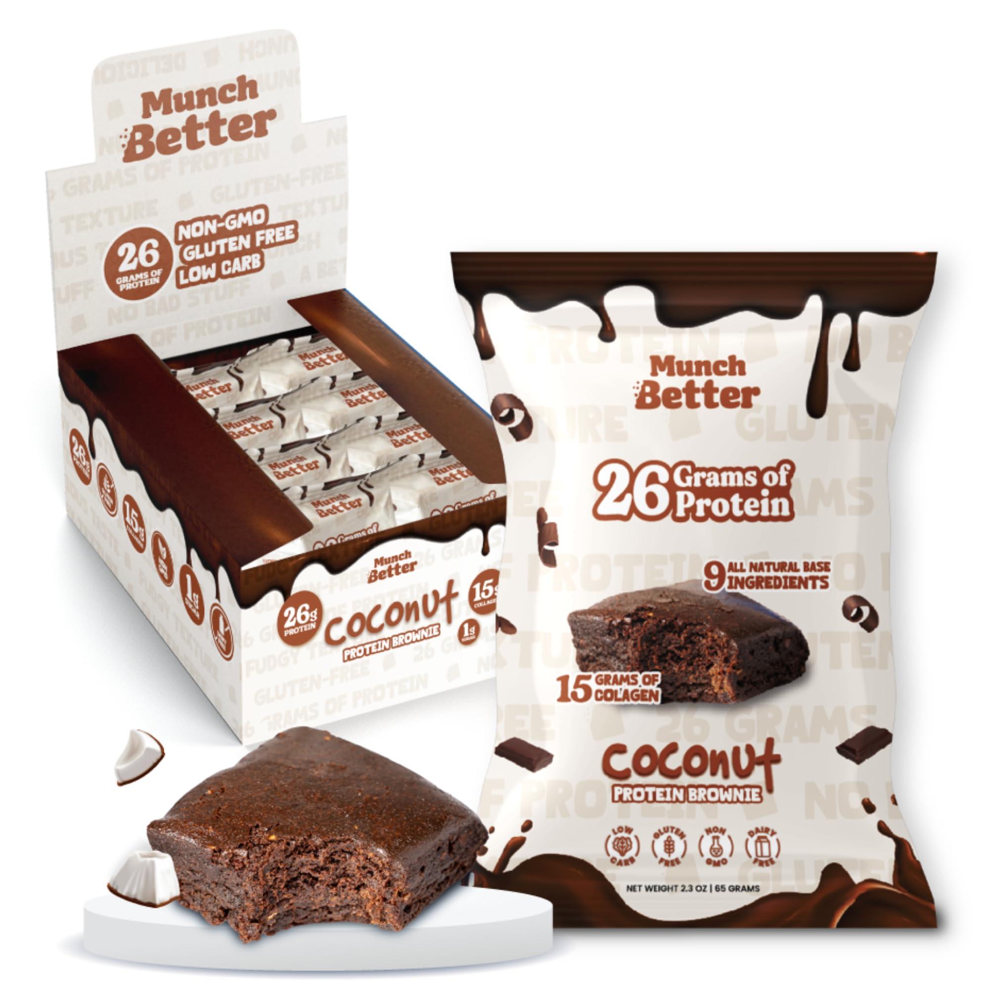 Munch Better Munch Better 22g Protein Brownie, Gluten Free, Dairy Free,10g Collagen, Non GMO, High Protein Bar Chocolate Fudge Texture - 8 Count Box (Chocolate Coconut)