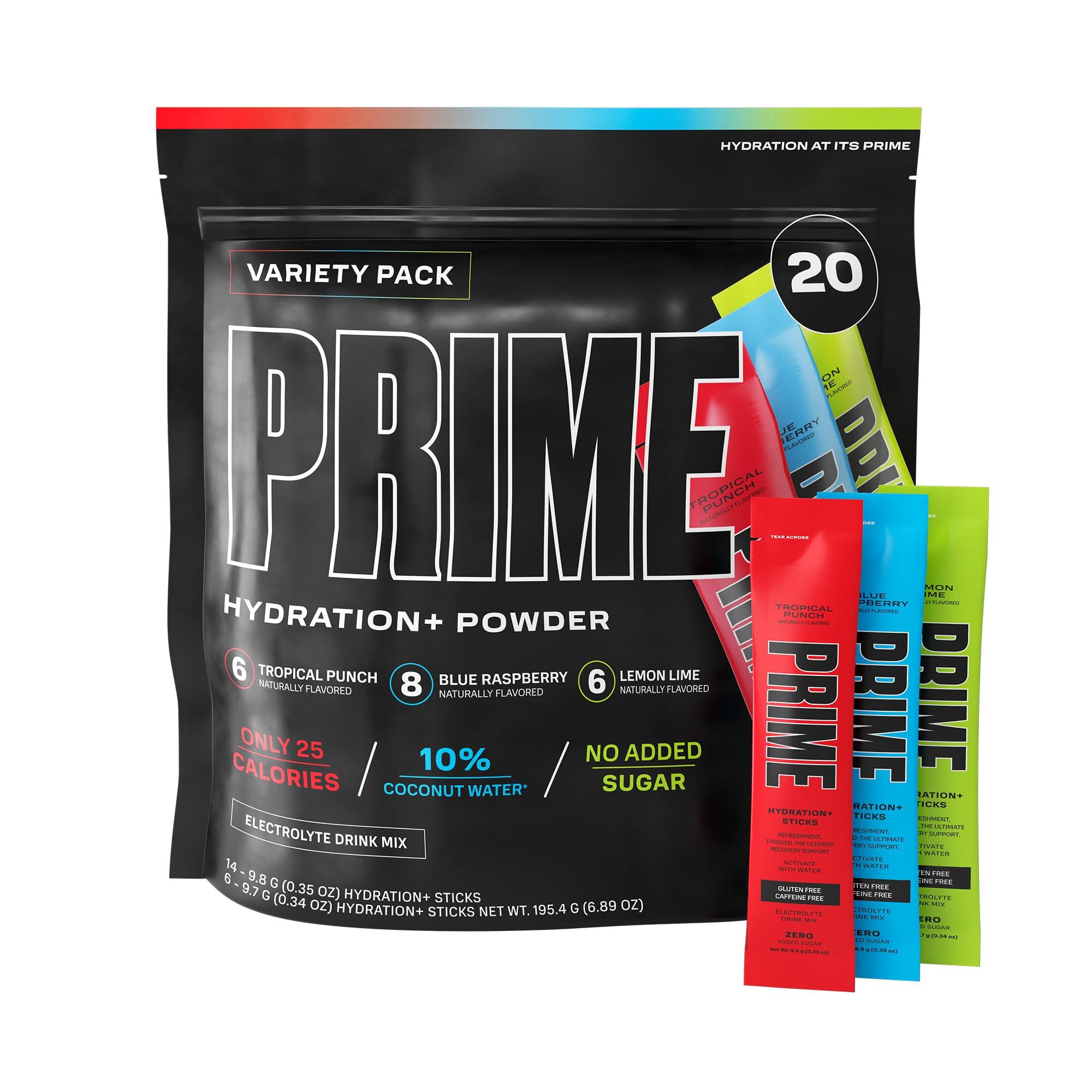 PRIME HYDRATION PRIME HYDRATION+ Sticks VARIETY PACK | Hydration Powder Single Serve | Electrolyte Powder On The Go | Low Sugar | Caffeine-Free | Vegan | 20 Sticks