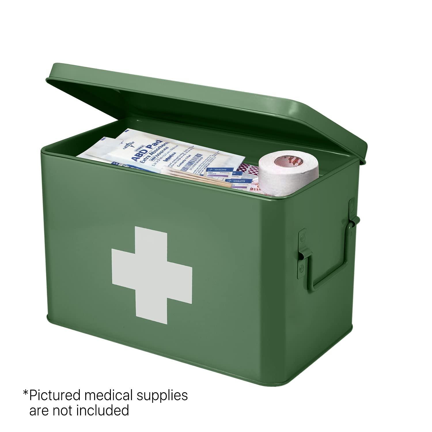 Flexzion Flexzion First Aid Box Organizer - Empty 13\" Green Vintage First Aid Kit Tin Metal Medical Box - First Aid Storage Box Container Bins with Dividers, Removable Tray and White Cross Logo