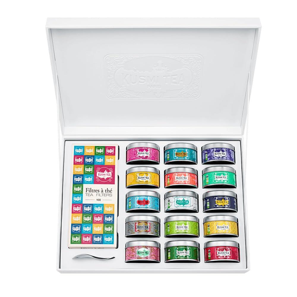 KUSMI TEA Kusmi Tea - \"The Collection\" Gift Set - 15 Iconic Kusmi Recipes + 100 Tea Bags + Tea Spoon - Organic Black, Green, White & Herbal Teas - Gift Idea for Women & Men - Loose Leaf Tea - 15 Tins of 0,9 oz