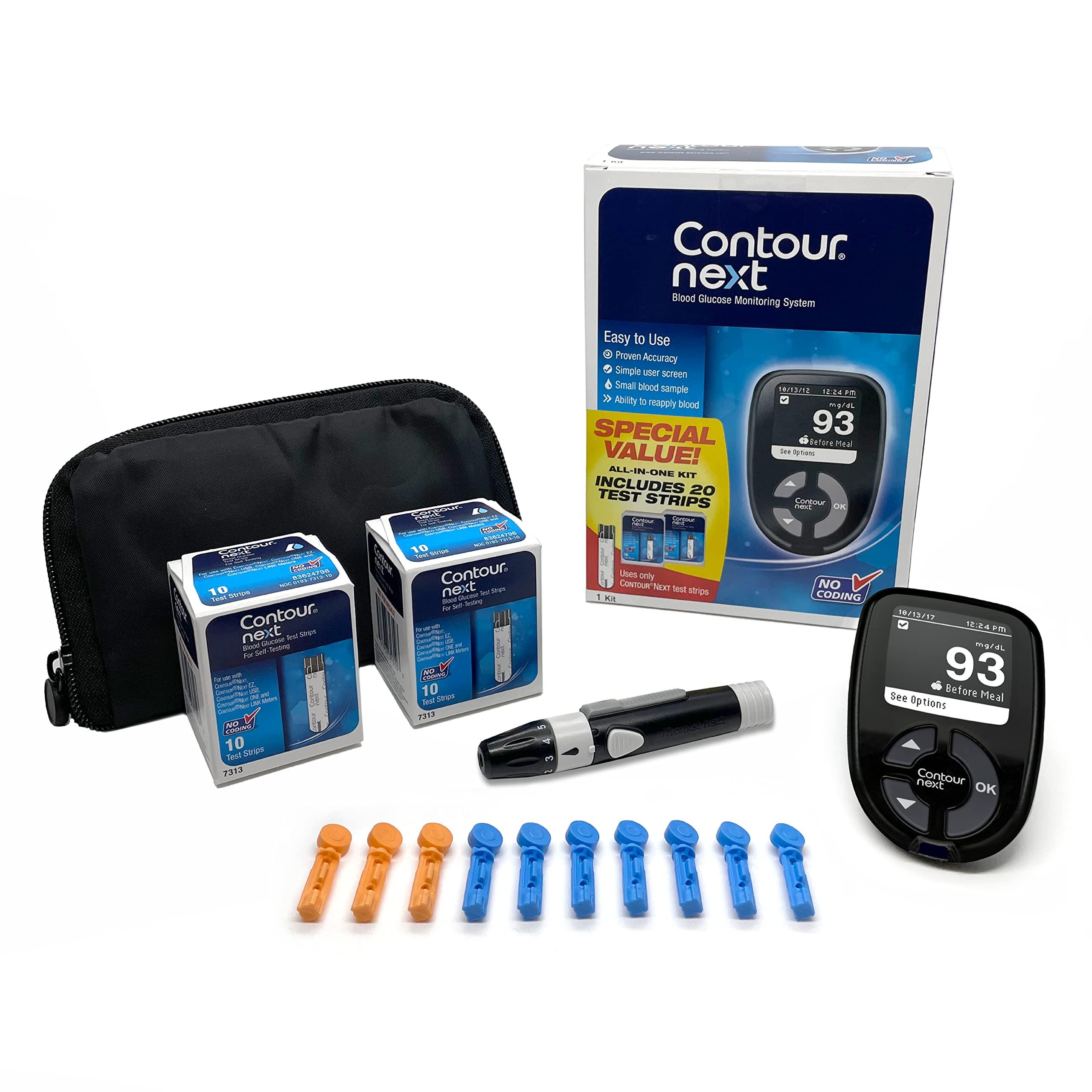 AmazonUs/0YMPS Ascensia CONTOUR NEXT Blood Glucose Monitoring System All-in-One Kit for Diabetes with Glucose Monitor and 20 Test Strips For Blood Sugar & Glucose Testing