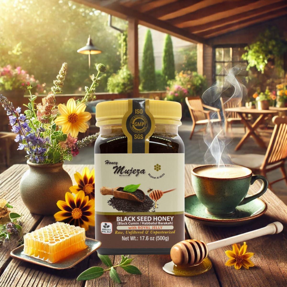 Mujeza Al Shifa Black Seed Honey with Royal Jelly - Not Mixed with Oil or Powder - Gluten Free - Non GMO - Organic Honey - Immune Booster - 100% Natural Raw Honey (500g /17.6oz)