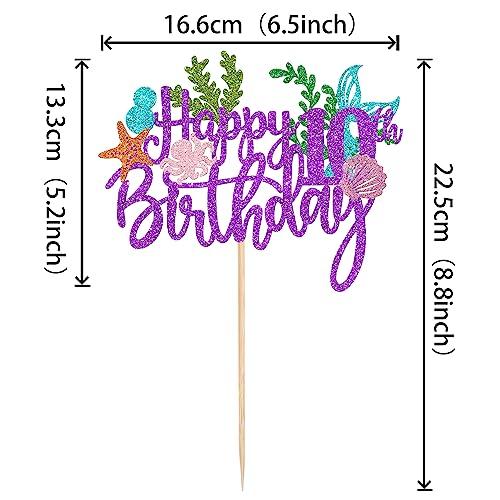 YCTHUNFISH 1 Pack Mermaid 10th Cake Topper Happy Birthday Cake Pick Summer Ocean Sea Creature Happy Birthday Mermaid Cake Decoration for Summer Baby Shower Kids Ten Birthday Party Supplies Purple