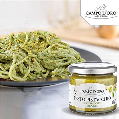 CAMPO D'ORO Pistachio Pesto, Paste, UnSweetened, Sicilian Pesto Sauce, Savory, Creamy, Spreadable, 6.35oz, Sicily, Italy. By Campo D\'Oro