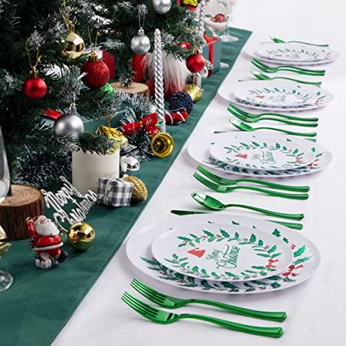 DaYammi DaYammi 60 PCS Christmas Plates White and Green Plastic Plates Red and Green Christmas Disposable Party Plates Include: 30 Christmas Dinner Plates 10.25\", 30 Dessert Plates 7.5\" for Christmas Party