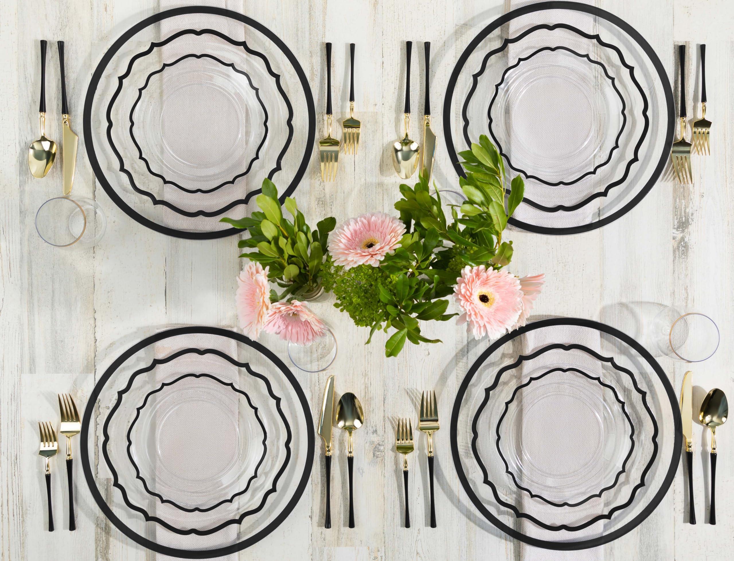 PLASTICPRO PLASTICPRO 32 Pack Elegant Disposable Plastic Plates Combo Set Includes 16 Dinner Plates and 16 Salad Plates Heavy Duty Fancy Party Plates Clear & Black Contemporary Design