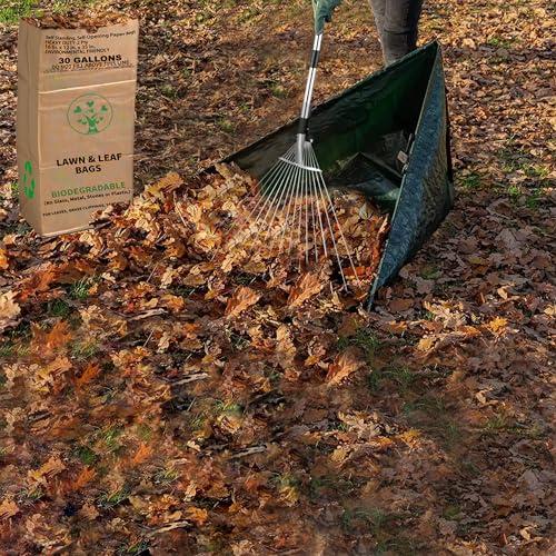 AimGrowth AimGrowth Leaf Collector Tripod Bag and Lawn Leaf bag Kit with leaf scoops | 10 Count 30 Gallon 2-Ply Heavy Duty Self Standing Kraft Paper Bags Yard Waste Bag for Grass Clippings Wet Dry Leaves