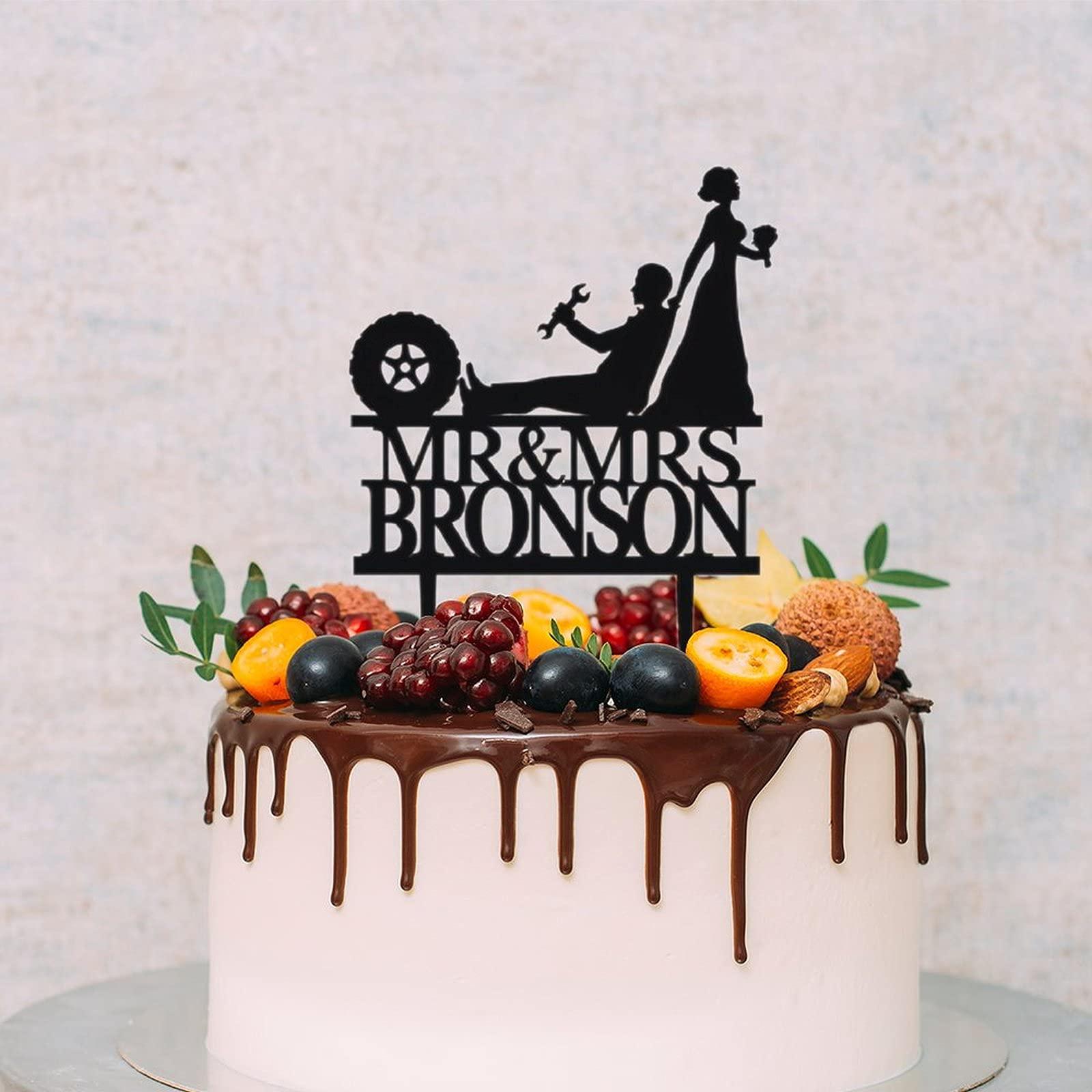ArogGeld Mechanic Wedding Cake Topper Auto Car Mechanic Vintage Silhouettes Cake Topper Customized Wedding Date Name Bride & Groom Cake Topper for anniversary Engagement Wedding Party Decorations