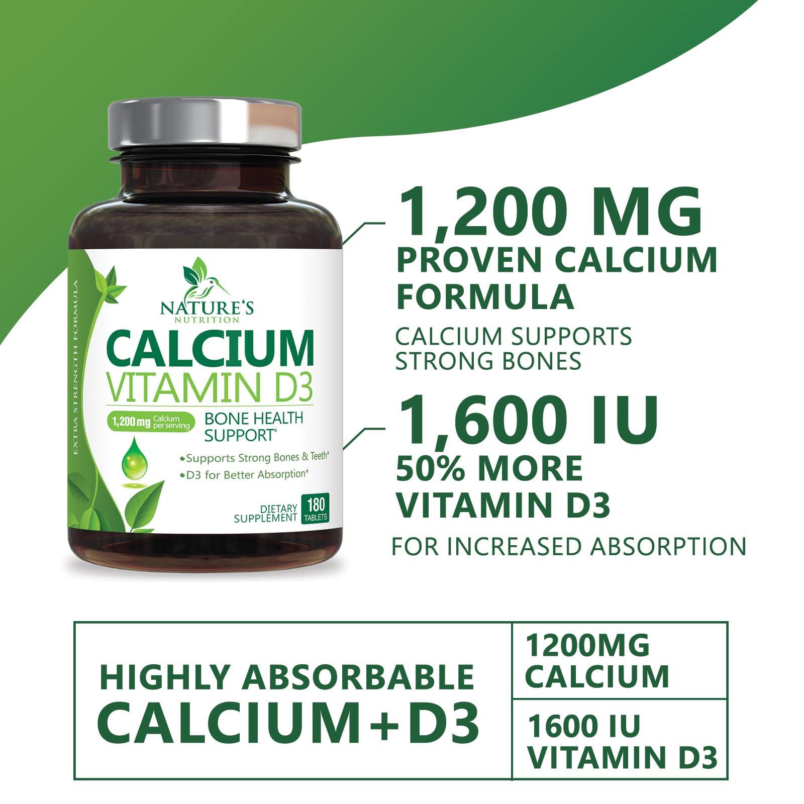 Nature's Nutrition Calcium 1200 mg with Vitamin D3, Calcium Supplement Vitamins, Supports Bone Strength, Teeth & Immune System, Calcium Supplements for Women & Men, Nature\'s Absorbable Calcium Carbonate - 180 Tablets