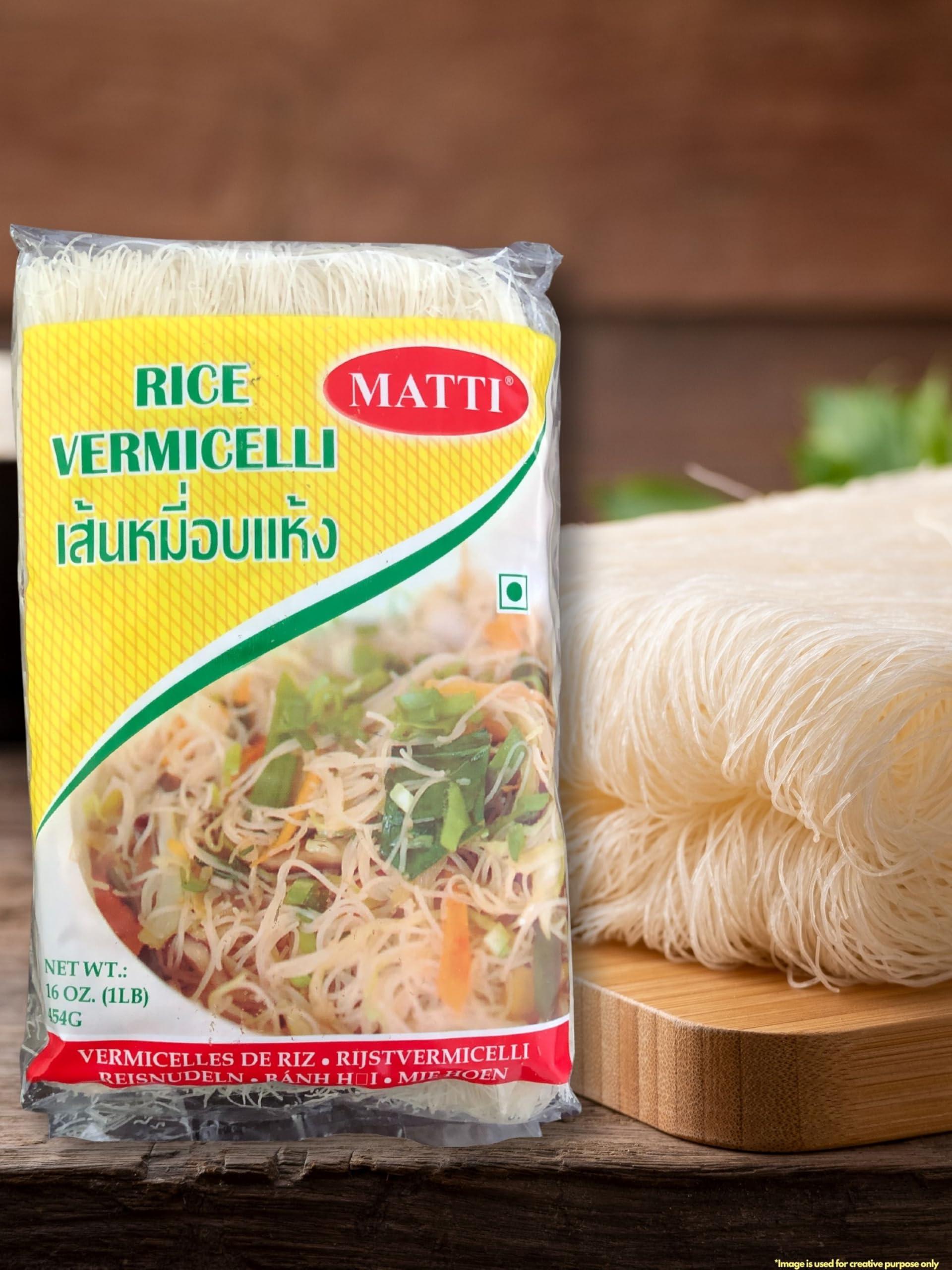 Meenakshi Overseas LLC Matti Thai Rice Vermicelli 16 Oz. (1LB) 454g |Product of Thailand| Premium Rice Noodles| Naturally Vegan| Thai Rice Noodles|