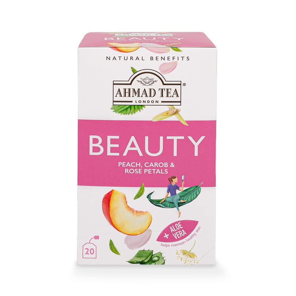 Ahmad Tea Ahmad Tea Herbal Tea, Peach, Carob, and Rose Petals \'Beauty\' Natural Benefits Teabags, 20 ct (Pack of 1) - Decaffeinated & Sugar-Free