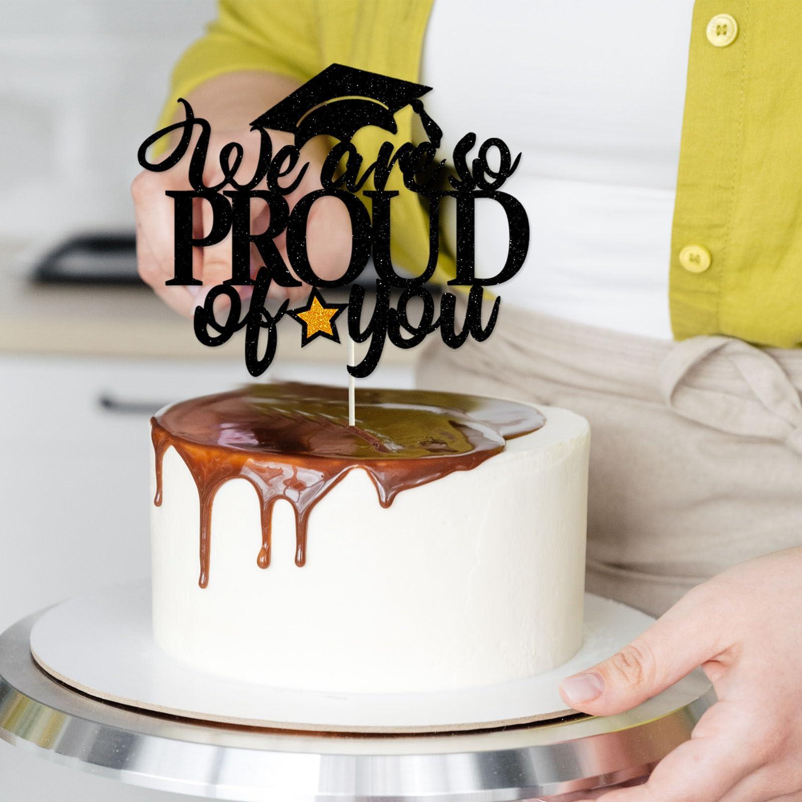 HokiiS We Are So Proud of You Cake Topper, Black Glitter Graduation Cake Pick with Gold Glitter Star for 2024 Congratulations Graduation Party Cake Decorations Supplies