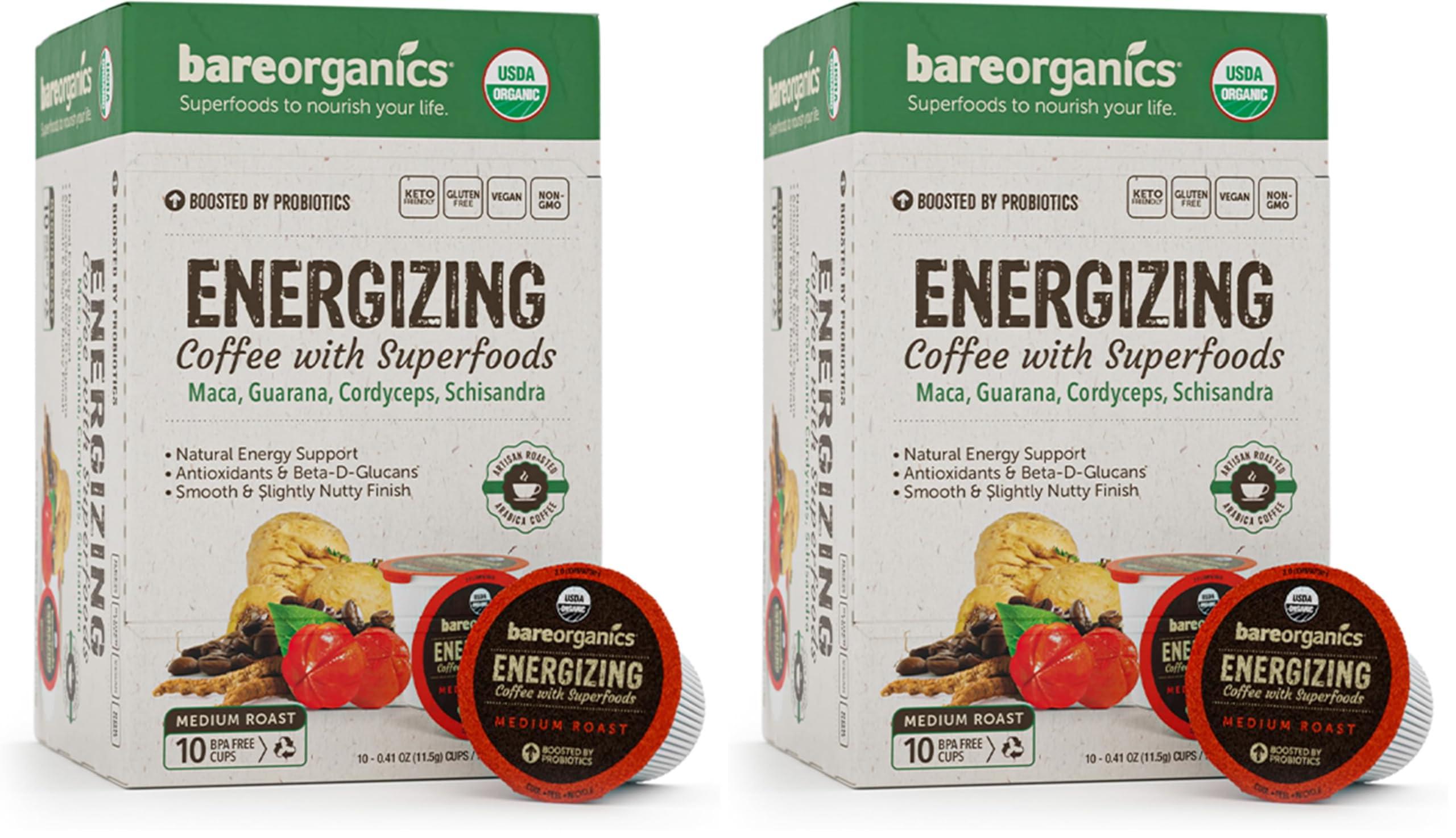 BareOrganics BareOrganics 13214 ENERGIZING USDA Organic Coffee Infused with Superfoods & Probiotics, Organic Coffee Pods, Keurig K-Cup Compatible Organic Coffee Pods, Vegan, Gluten Free, 10 Single (Pack of 2)