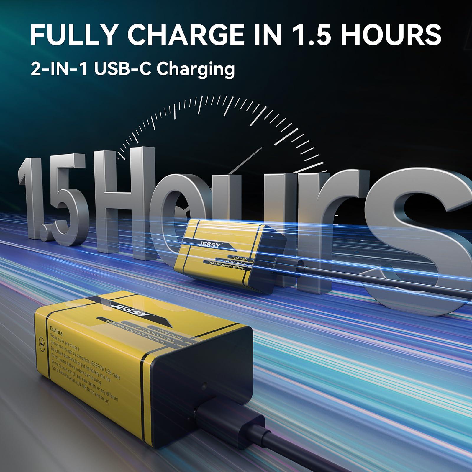 JESSY 8 Pack 9V Rechargeable Batteries USB Rechargeable, 1300mAh Long Lasting Lithium Batteries, USB-C Recharge with 4 in 1 Charging Cable for Smoke Alarms Detectors, Microphones, Alarms, Electric Guitar