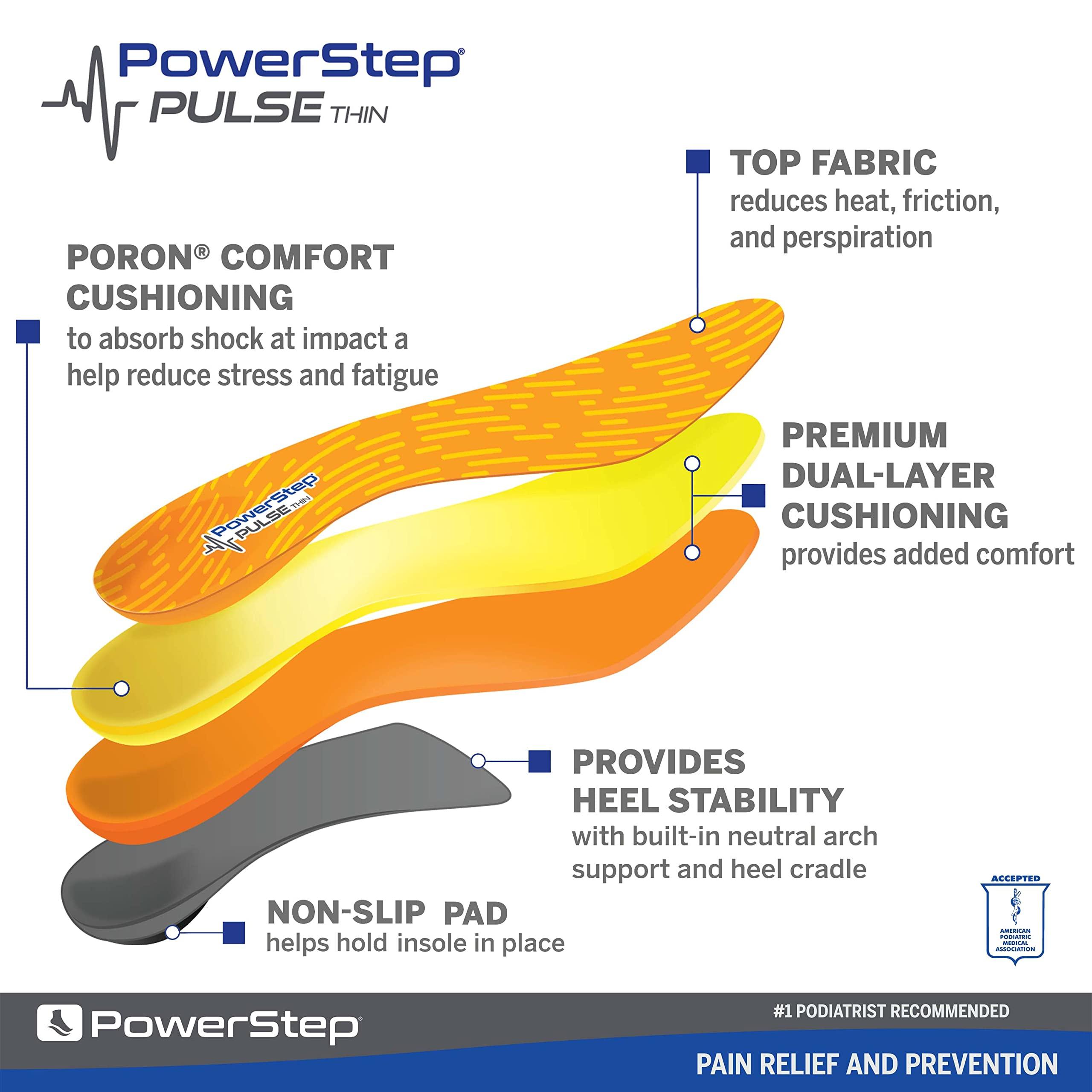 Powerstep PowerStep Pulse Thin Orthotics - Arch Support Inserts + Pain Relief for Cleats & Tight Running Shoes - Insoles for Plantar Fasciitis, Mild Pronation, and Shin Splints (M 10-10.5 W 12)