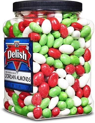 It's Delish Christmas White, Red & Green Jordan Almonds by Its Delish, 3.5 lbs. Jumbo Reusable Container | Candied Almonds with Sweet Hard Candy Coating - Perfect for Christmas Themed Parties - USA Made & Vegan