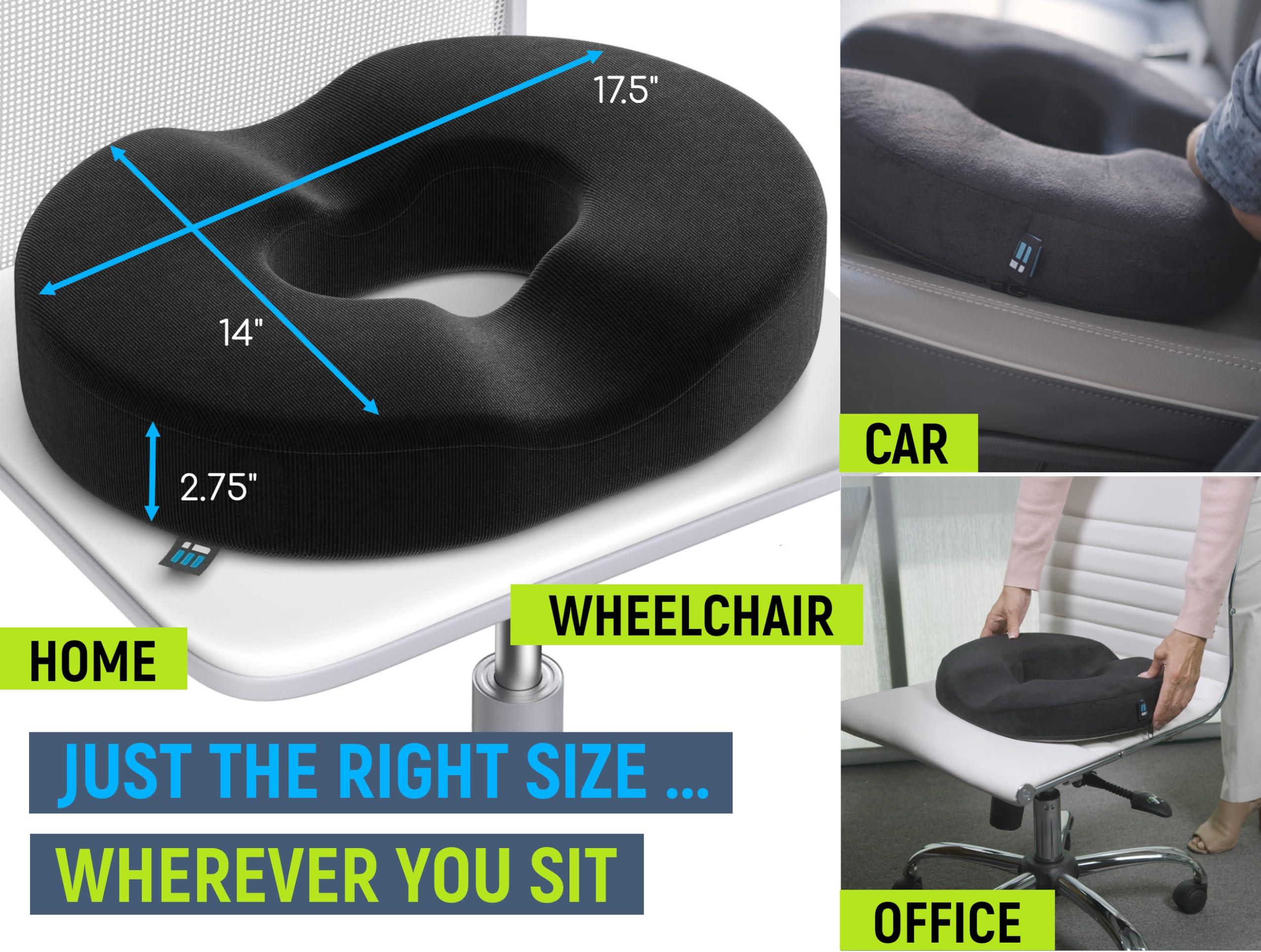 Ergonomic Innovations Donut Pillow Coccyx Seat Cushion for Tailbone Pain Relief, Hemorrhoid Pillow, Post Surgery, Postpartum Pregnancy, Back, Hip Pain, Sitting Butt Doughnut Ring, Comfortably Supports 240 Lbs Men & Women