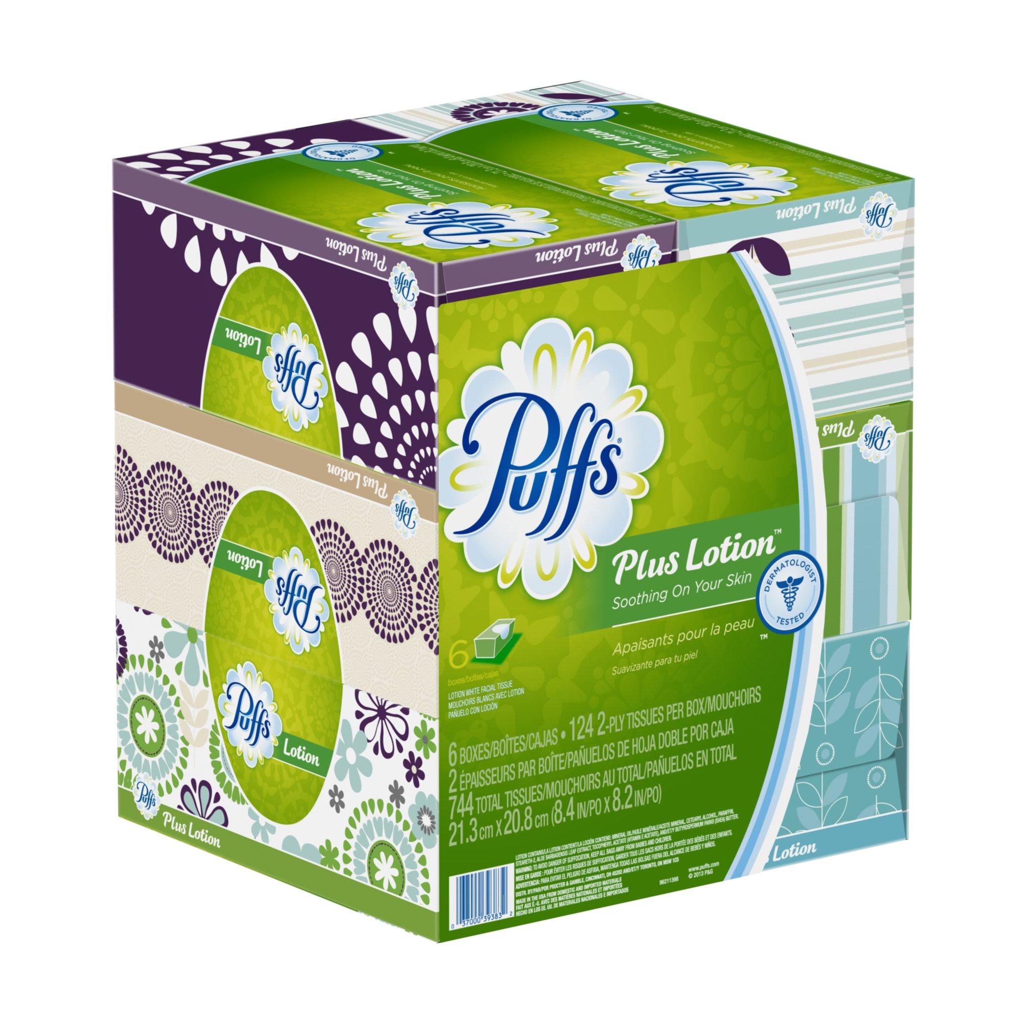 Procter & Gamble Puffs Plus Lotion Facial Tissues; 6 Family Boxes; 124 Tissues per Box