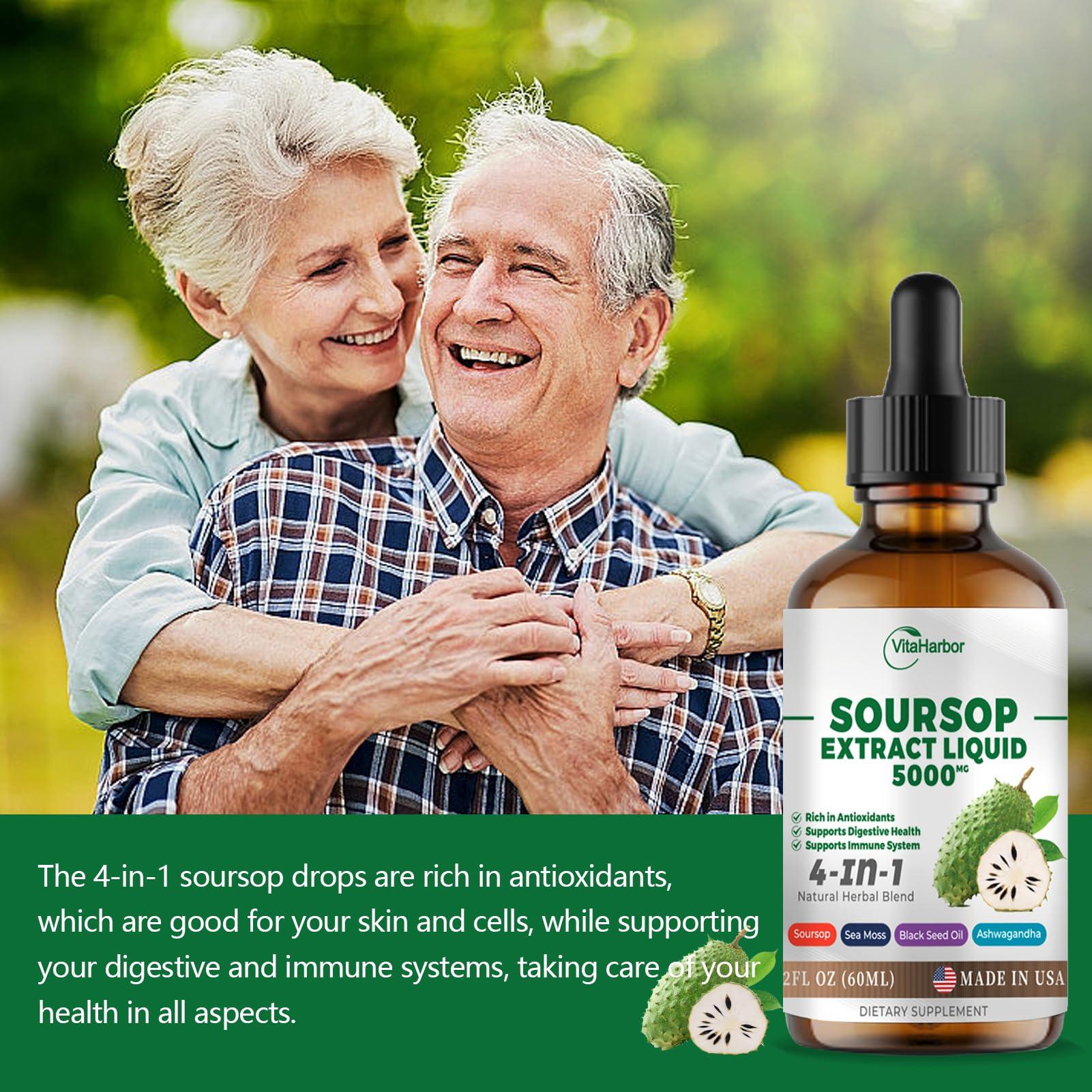 VitaHarbor 4-in-1 Soursop Bitters Liquid, Soursop Oil with Sea Moss & Black Seed Oil & Ashwagandha, for Immune & Digestive & Cell Support, Sugar-Free | Non-GMO | Vegan (2 Fl oz) Slightly Sweet Flavor
