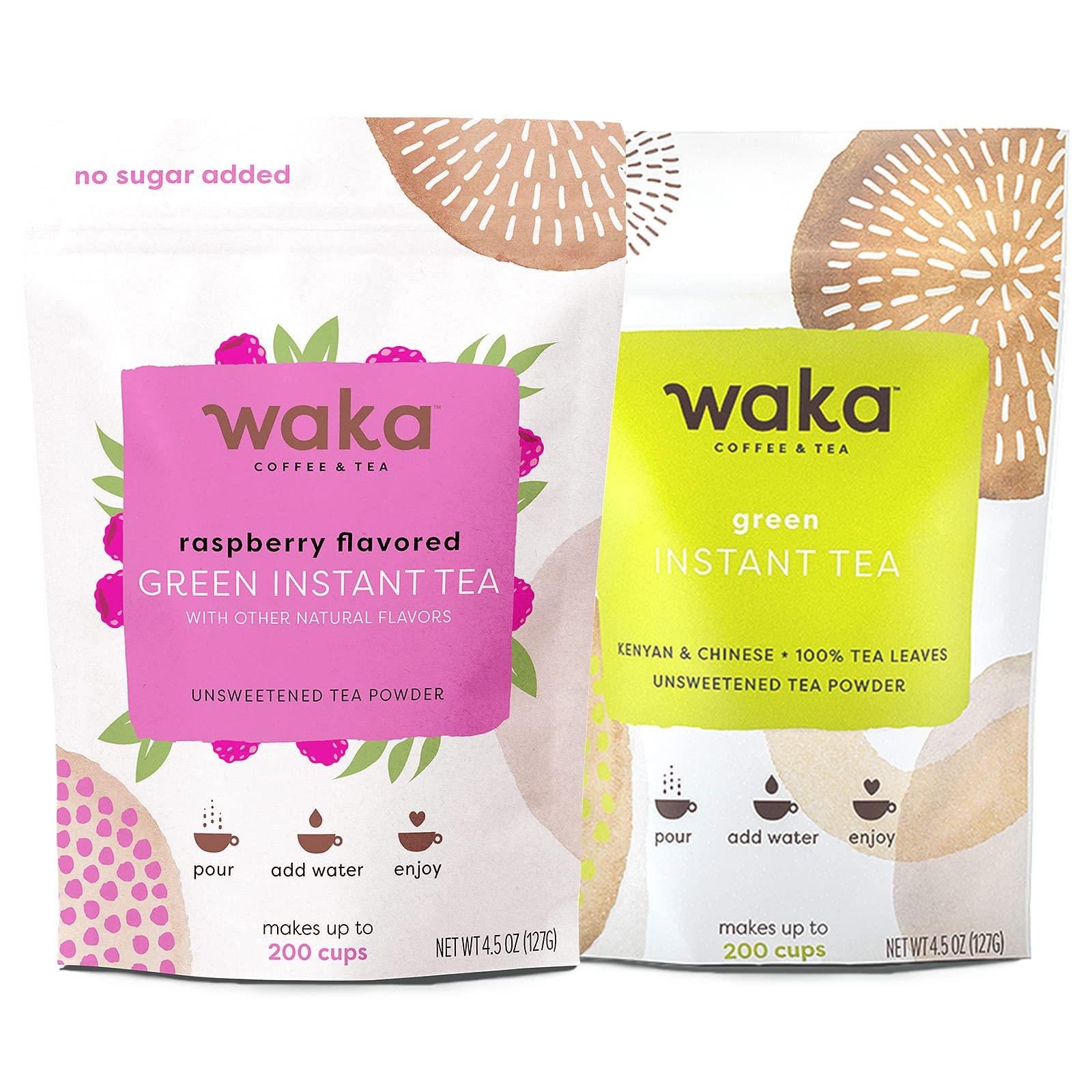 Waka Coffee Waka Instant Tea Mix, 2 Bag Bundle - 100% Tea Leaves, No Additives, Unsweetened Tea Powders - Classic & Raspberry Flavored Green (4.5oz Each)
