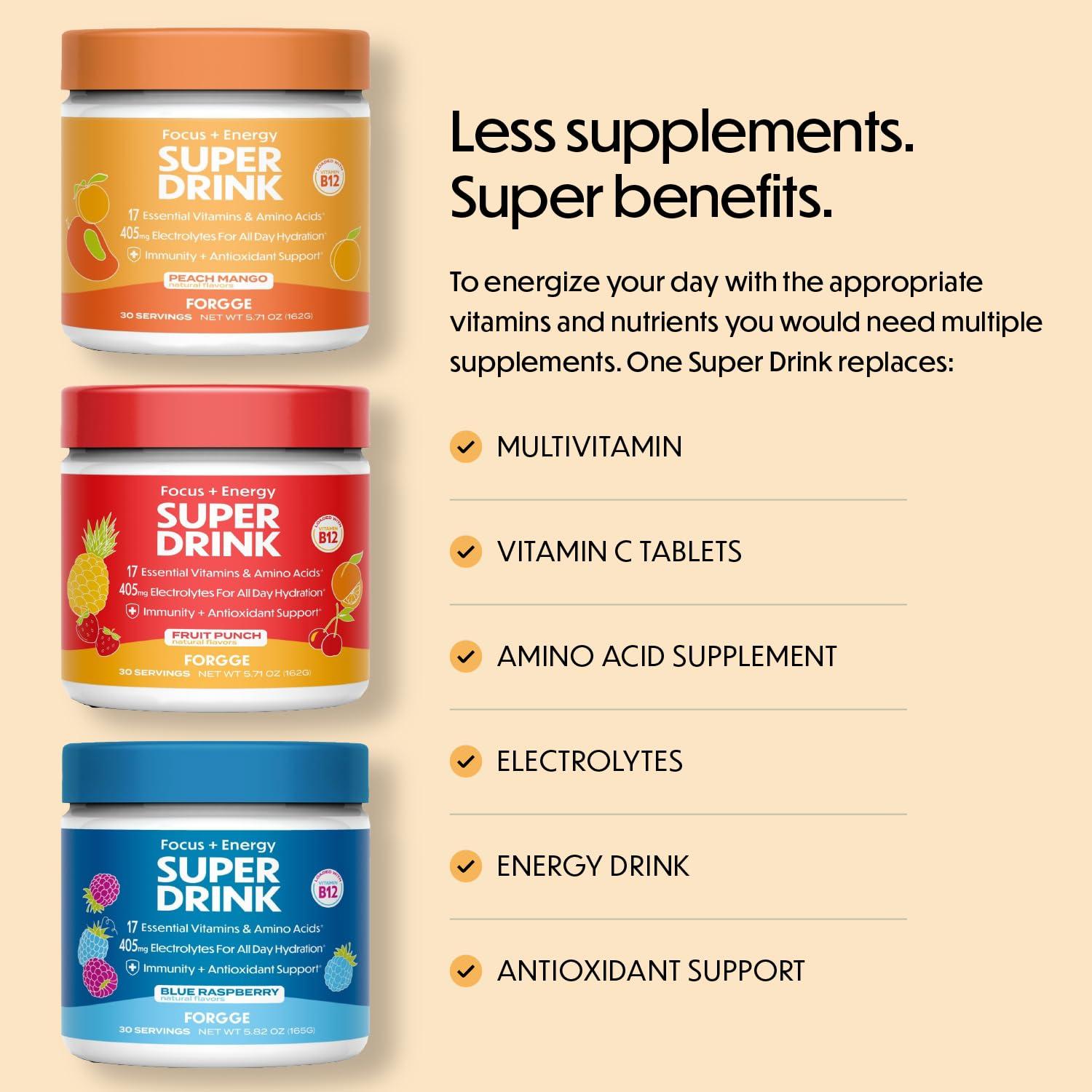 Forgge Forgge Focus Energy Drink Powder - Lions Mane, Alpha-GPC, L-Theanine and Nootropics for Focus - Vitamins + Electrolytes - Natural Caffeine, Sugar Free (Peach Mango)