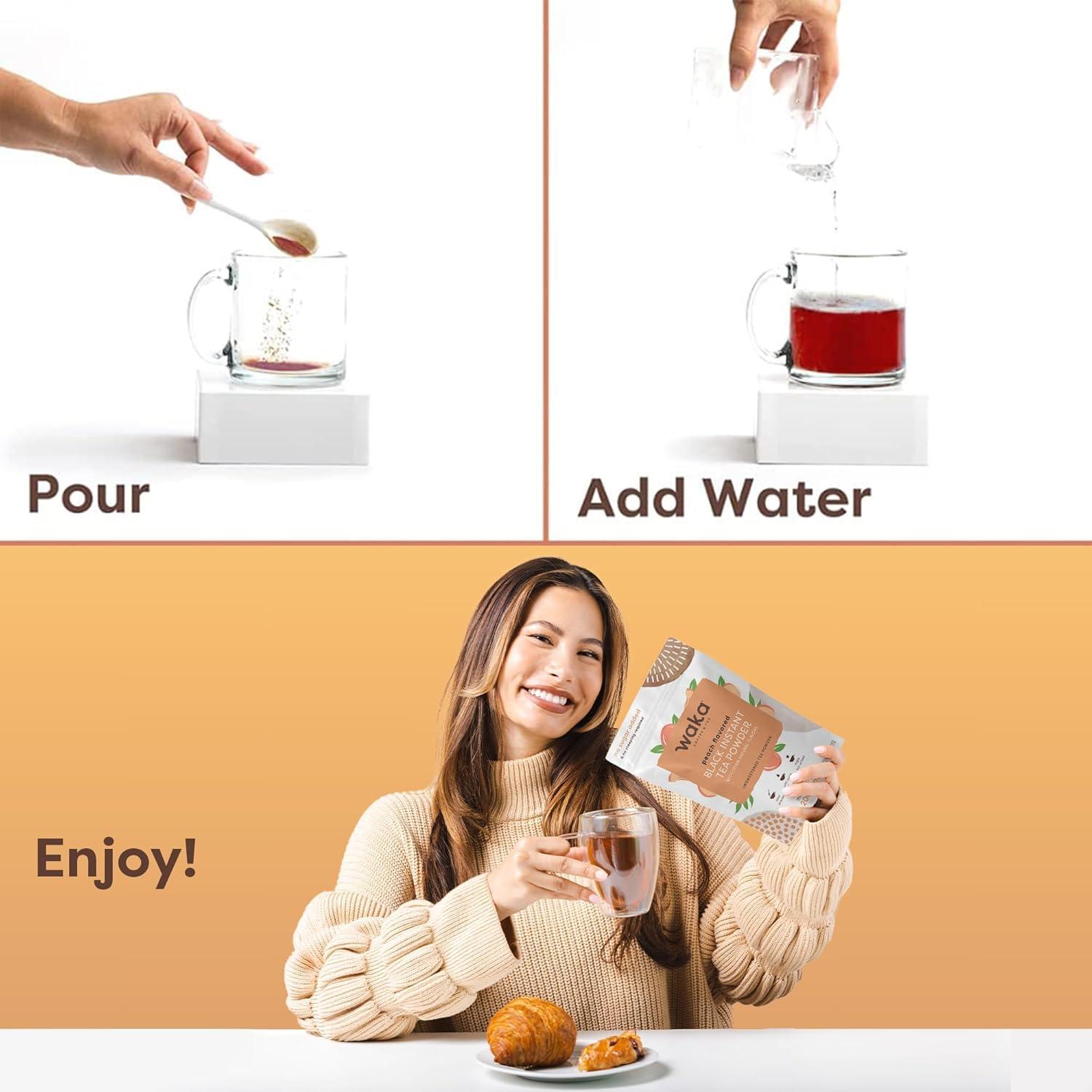 Waka Coffee Waka Instant Black Tea Mix, Peach Flavored - 100% Tea Leaves, No Additives, Unsweetened Tea Powder for 50 Quarts or 200 Cups Easy and Quick Hot or Iced Teas (4.5oz)